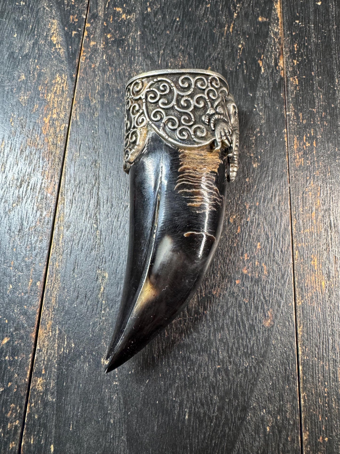 Eagle Beak Yak Horn Pendant with Brass Elephant Head, Tribal Tusk Amulet Necklace, Himalayan Style Protective Talisman, Statement Jewelry