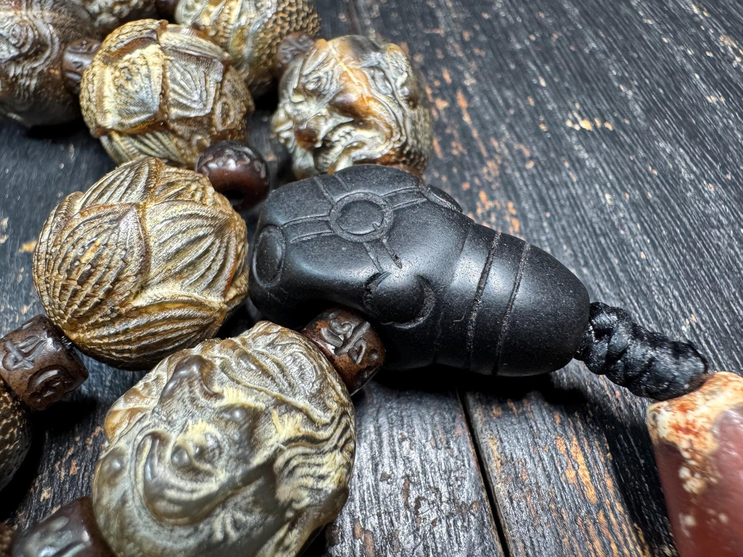 Yak Horn Mala Necklace with Black Stone Guru Bead, Hand Carved Figure & Lotus Beads, Tibetan Style Prayer Necklace, Tribal Spiritual Jewelry