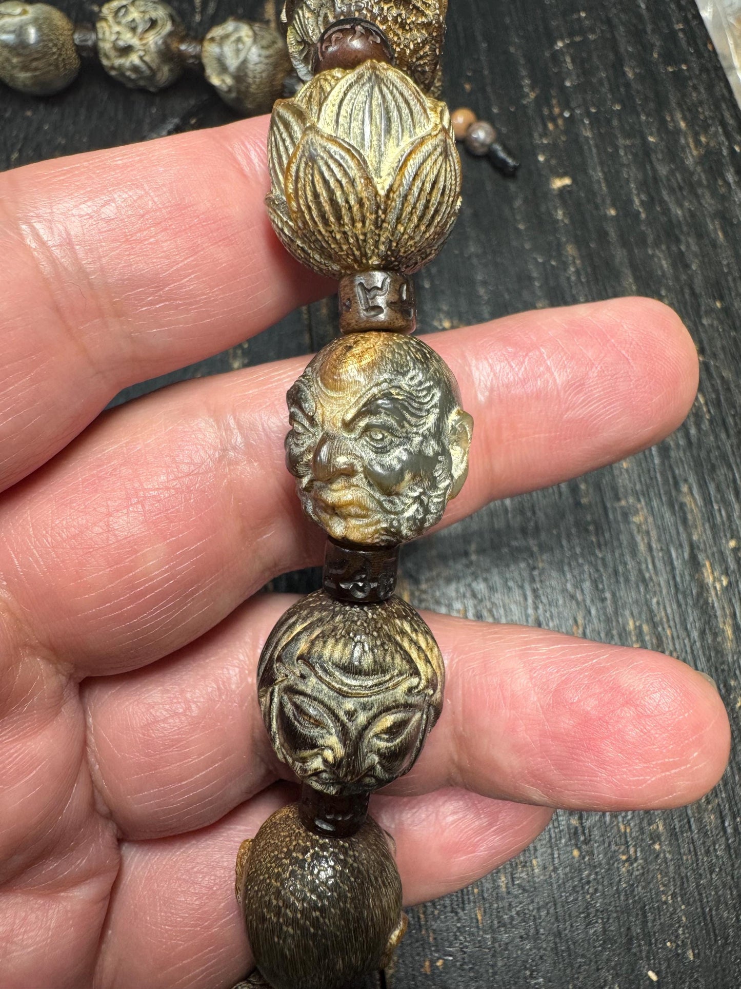 Yak Horn Mala Necklace with Black Stone Guru Bead, Hand Carved Figure & Lotus Beads, Tibetan Style Prayer Necklace, Tribal Spiritual Jewelry