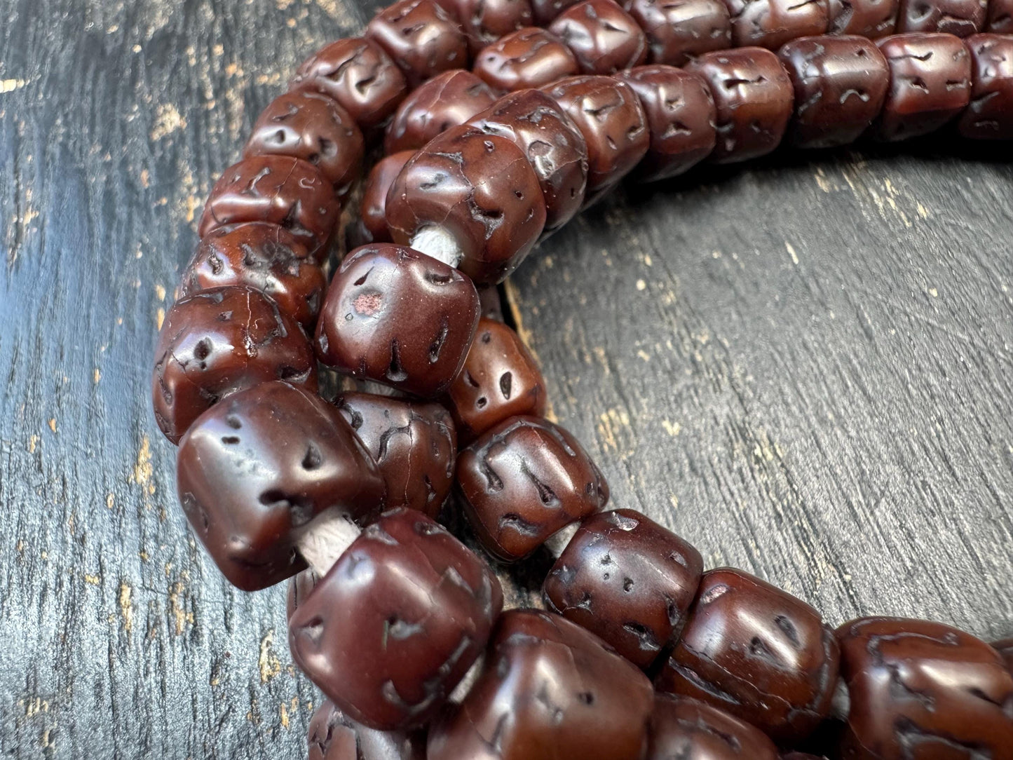 107 Rudraksha Mala Necklace, 9mm Dark Aged Rudraksha Beads, 32 Inches Meditation Prayer Beads, Vintage Patina Buddhist Hindu Mala