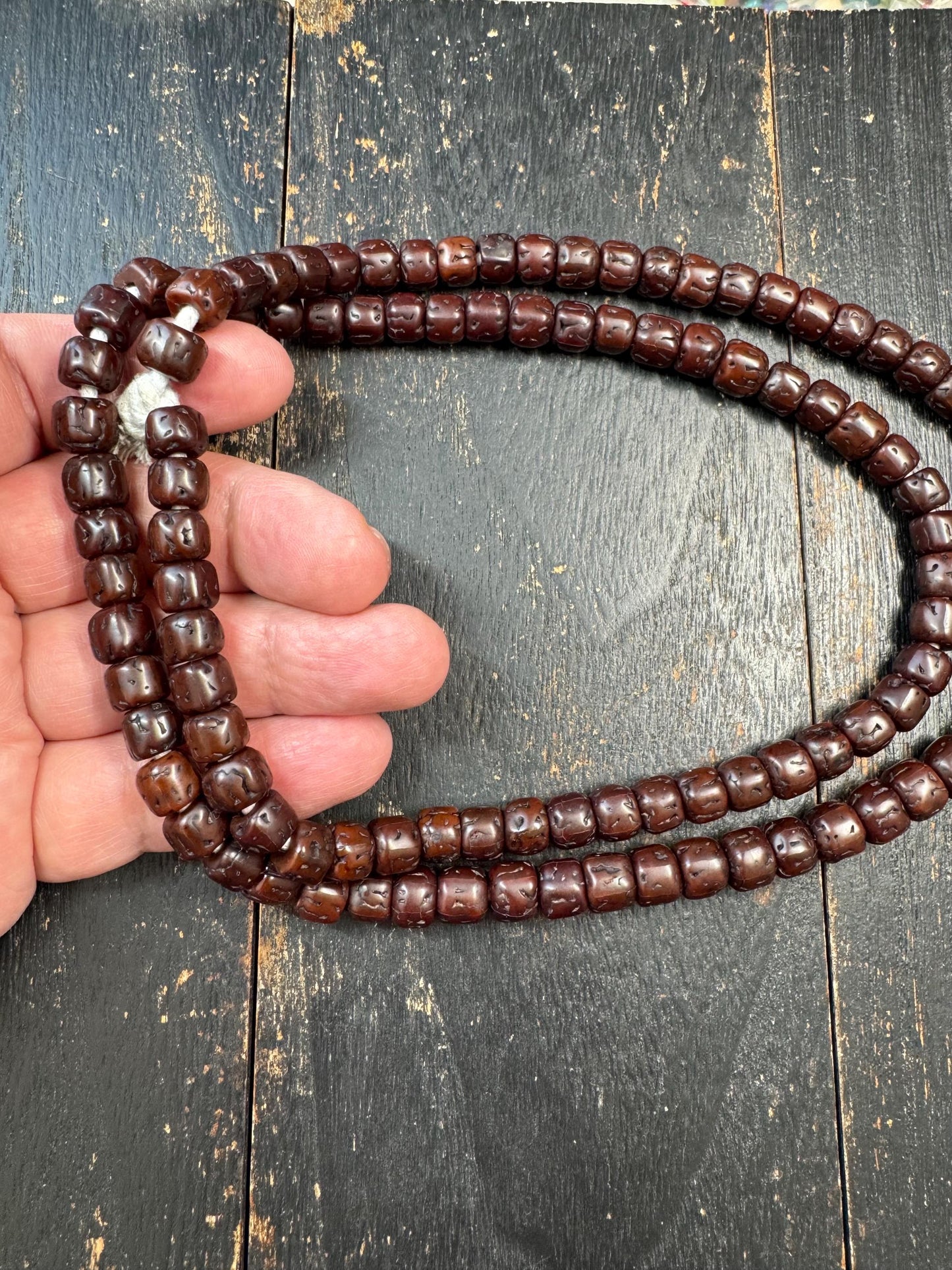 107 Rudraksha Mala Necklace, 9mm Dark Aged Rudraksha Beads, 32 Inches Meditation Prayer Beads, Vintage Patina Buddhist Hindu Mala