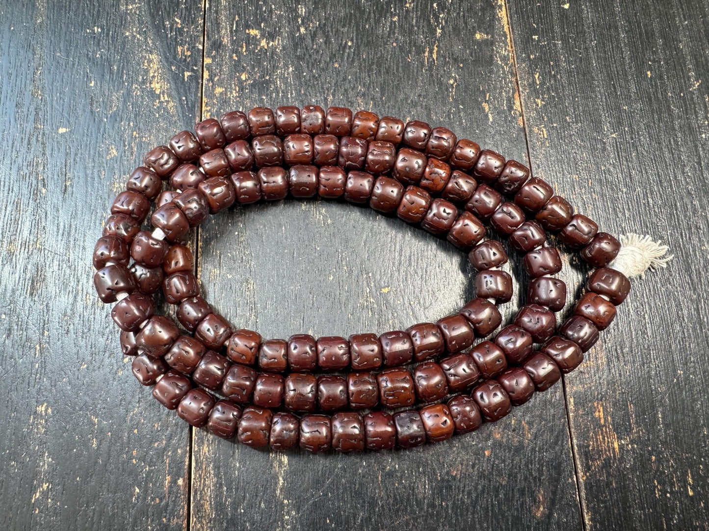 107 Rudraksha Mala Necklace, 9mm Dark Aged Rudraksha Beads, 32 Inches Meditation Prayer Beads, Vintage Patina Buddhist Hindu Mala