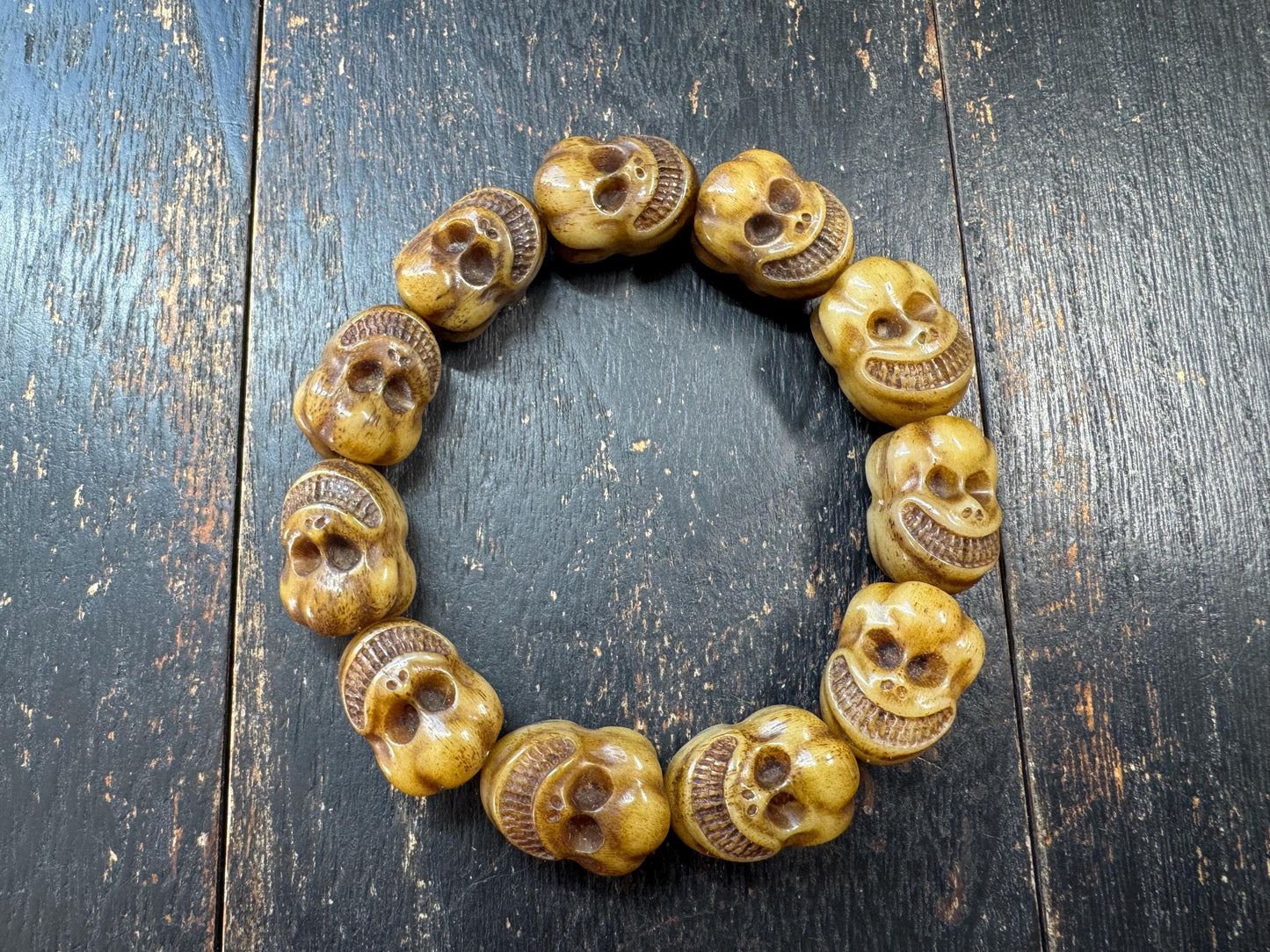 Yak Bone Skull Bracelet Mala, Tibetan Charnel Ground Style, Hand Carved Skull Beads, Elastic Cord Bracelet, Meditation Protection Jewelry