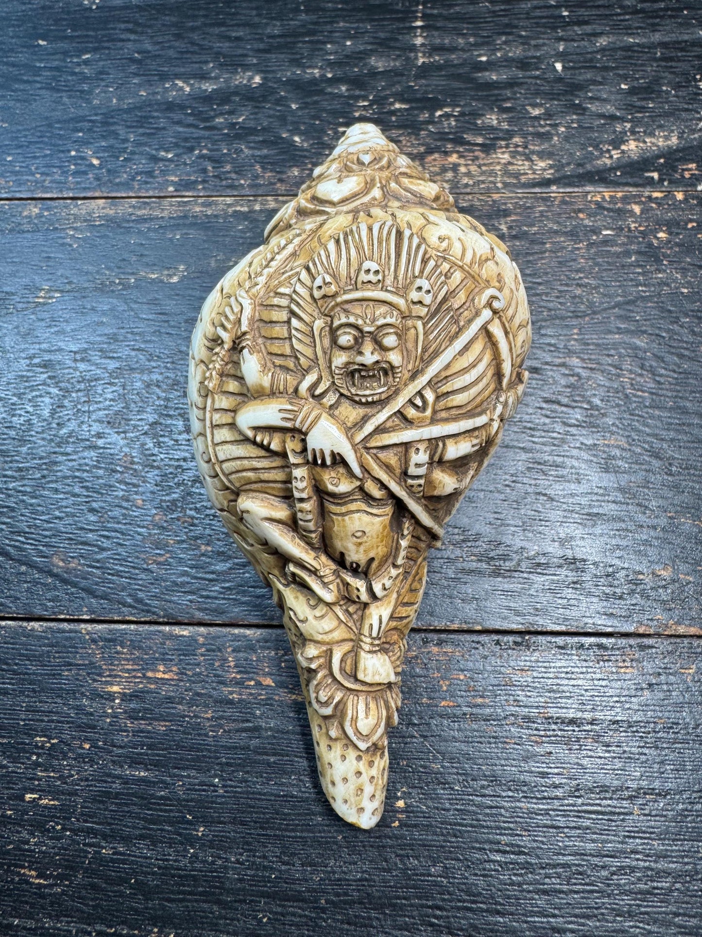 Hand Carved Tibetan Conch Shell Mahakala | Wrathful Deity Sculpture | Himalayan Buddhist Protector | Ritual Altar Decor | Rare Skull Form