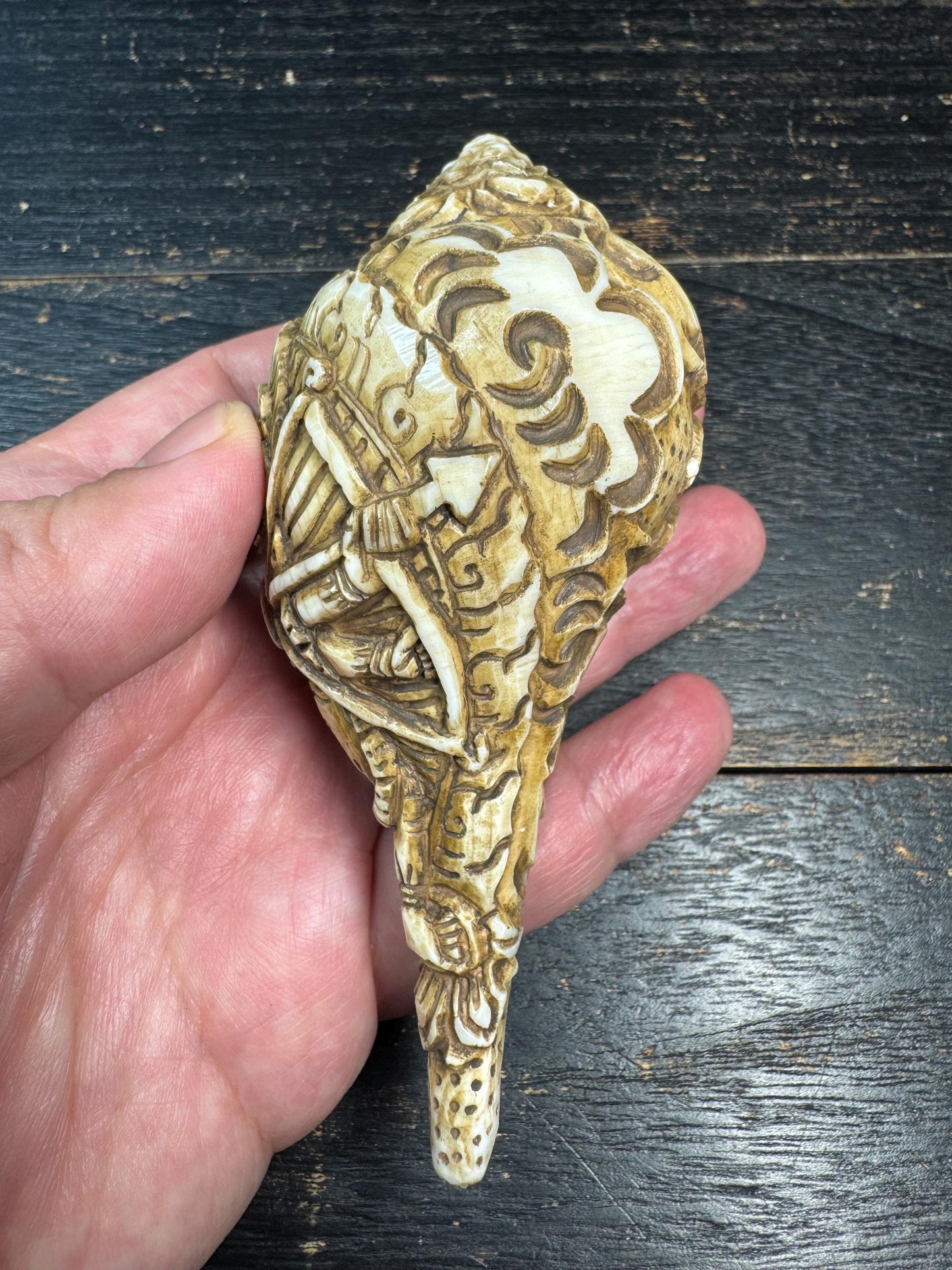 Hand Carved Tibetan Conch Shell Mahakala | Wrathful Deity Sculpture | Himalayan Buddhist Protector | Ritual Altar Decor | Rare Skull Form