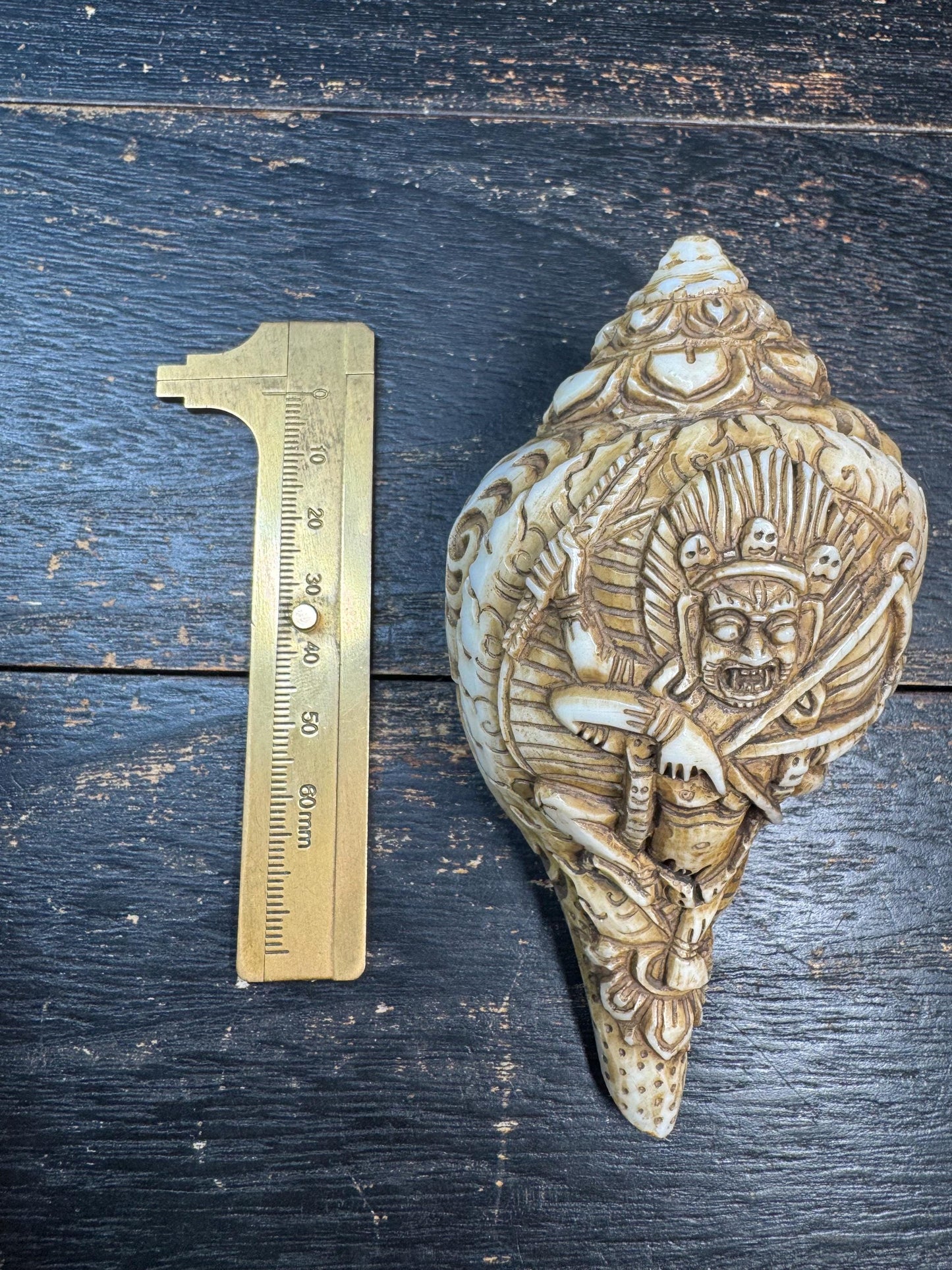 Hand Carved Tibetan Conch Shell Mahakala | Wrathful Deity Sculpture | Himalayan Buddhist Protector | Ritual Altar Decor | Rare Skull Form