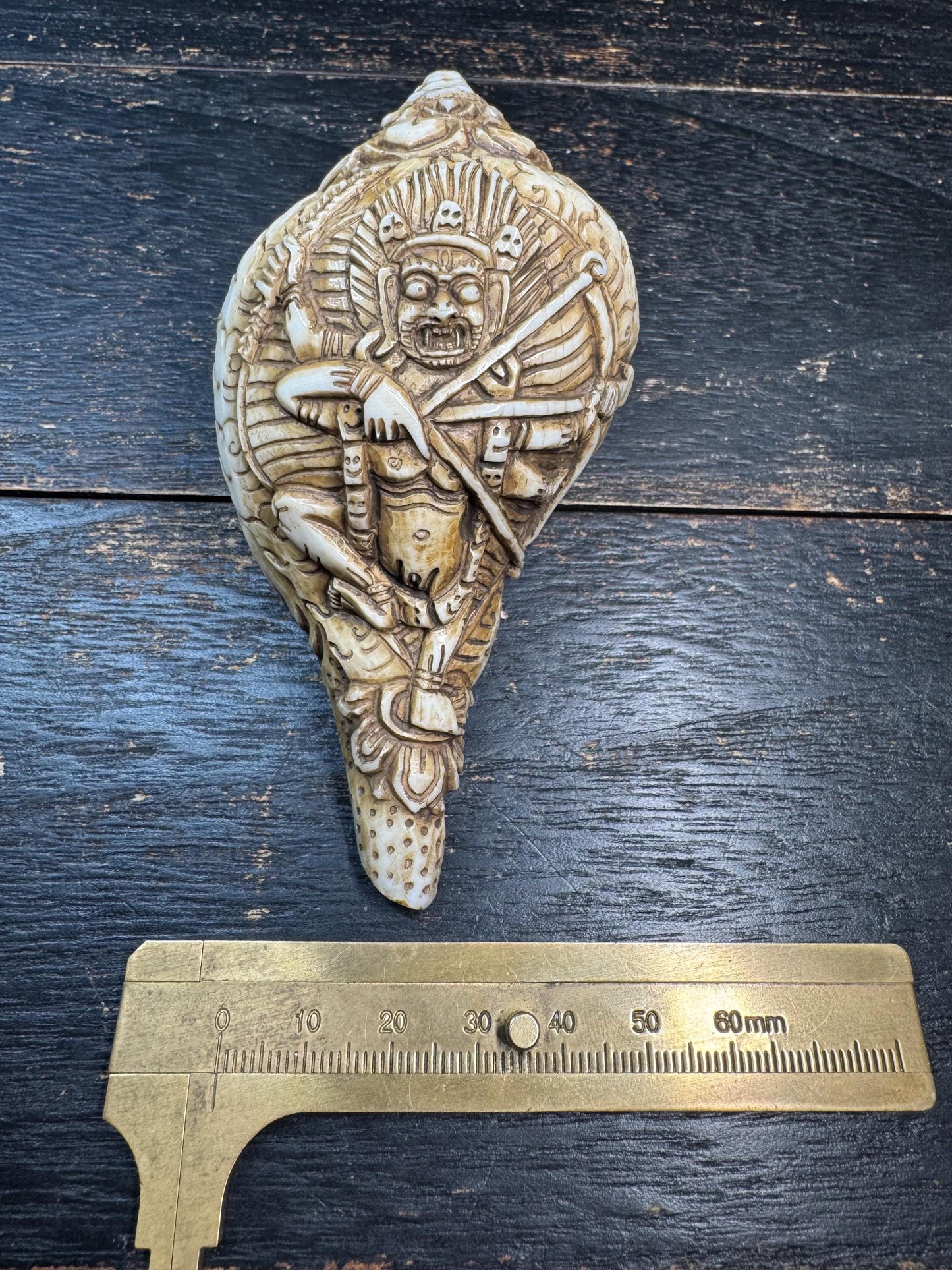 Hand Carved Tibetan Conch Shell Mahakala | Wrathful Deity Sculpture | Himalayan Buddhist Protector | Ritual Altar Decor | Rare Skull Form