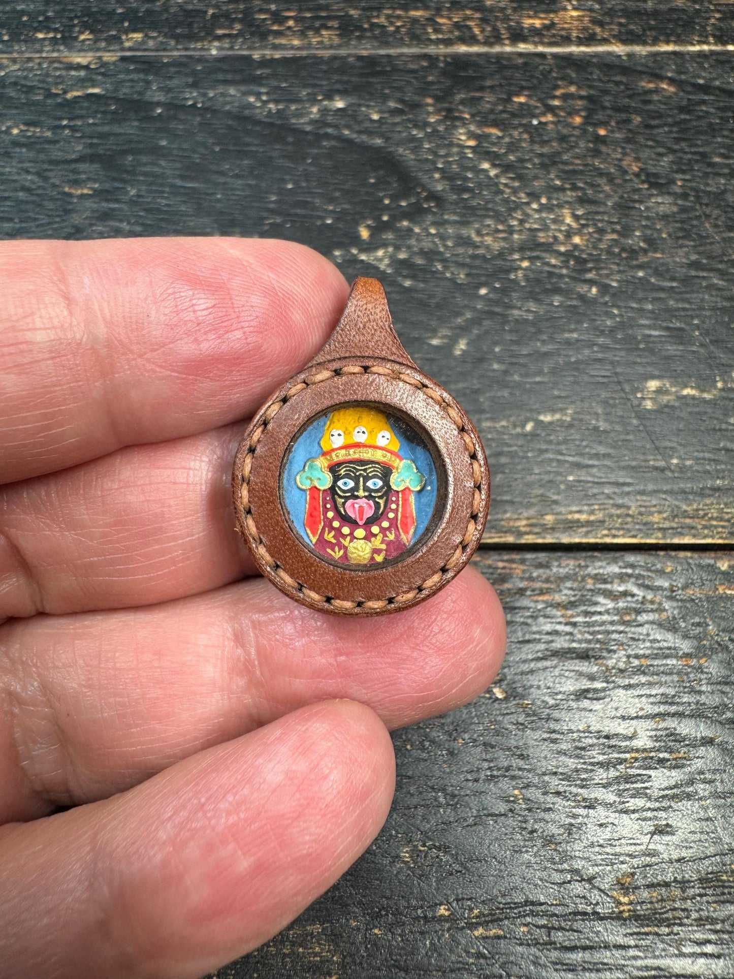 Tibetan Mahakala Mini Thangka Amulet Pendant, Hand Painted Buddhist Protector, Leather Gau Box, Protective Talisman Necklace
