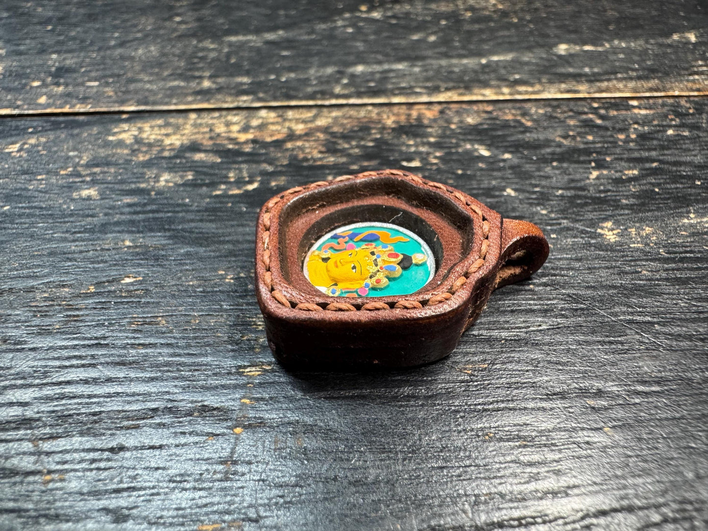 Manjushri Thangka Pendant, Tibetan Buddhist Wisdom Amulet, Mini Hand Painted Deity Necklace, Leather Framed Charm