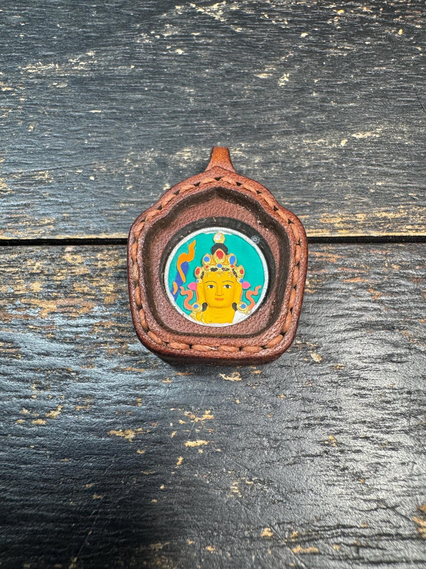 Manjushri Thangka Pendant, Tibetan Buddhist Wisdom Amulet, Mini Hand Painted Deity Necklace, Leather Framed Charm