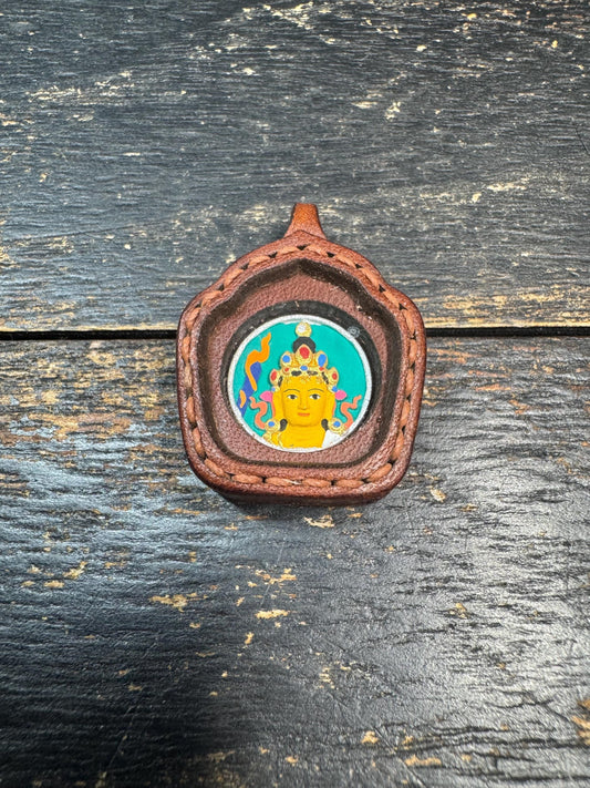 Manjushri Thangka Pendant, Tibetan Buddhist Wisdom Amulet, Mini Hand Painted Deity Necklace, Leather Framed Charm