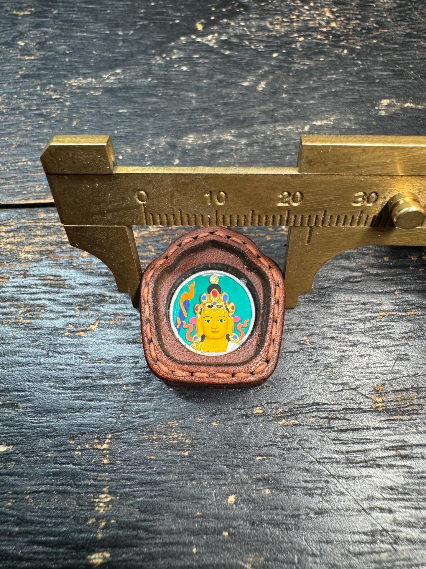 Manjushri Thangka Pendant, Tibetan Buddhist Wisdom Amulet, Mini Hand Painted Deity Necklace, Leather Framed Charm