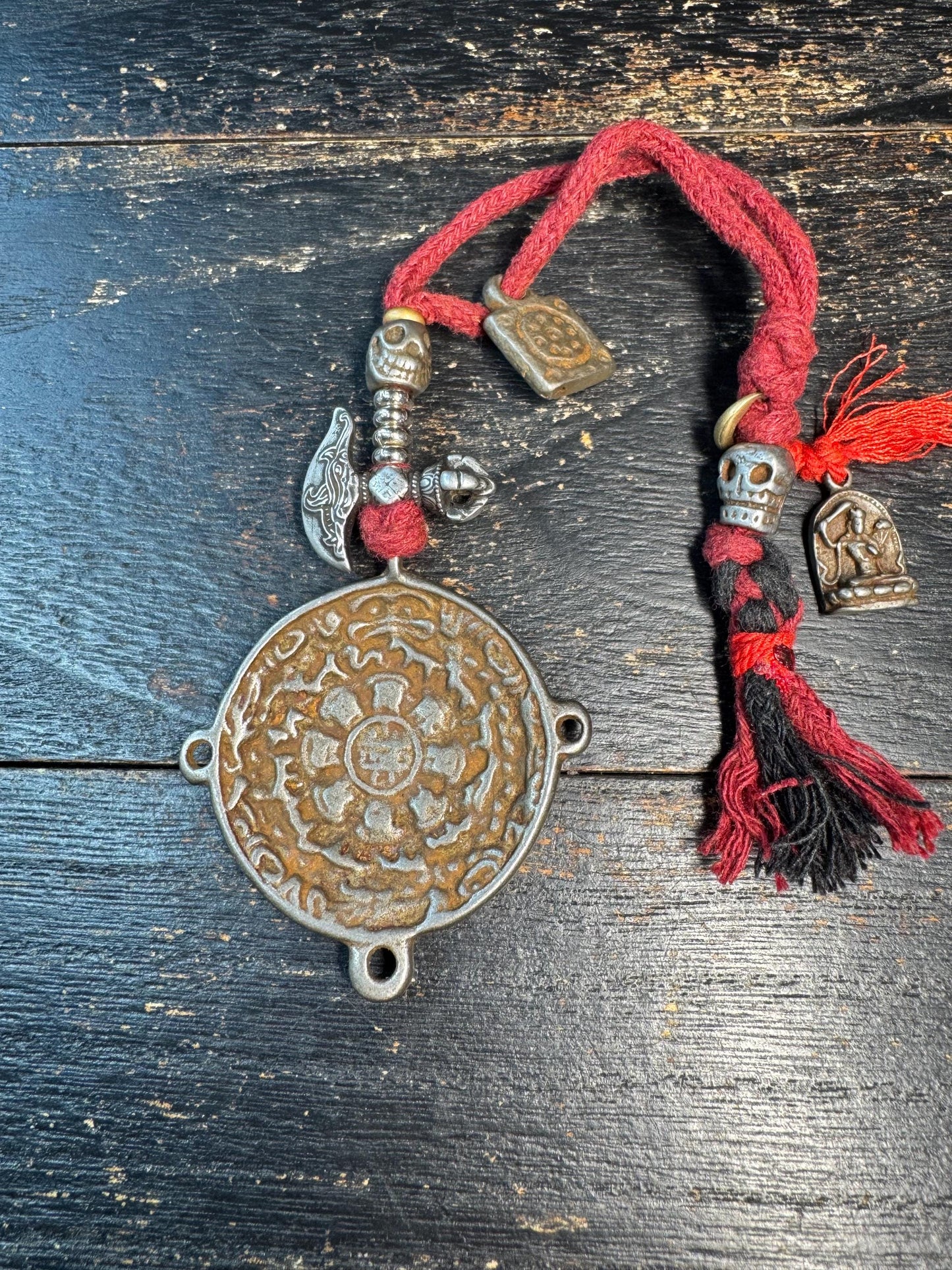 Tibetan Cold Iron Nine Palace Bagua Amulet Pendant, Vajra Dorje Charm Set, Skull Bead Talisman, Protective Spiritual Necklace, Himalayan Sty