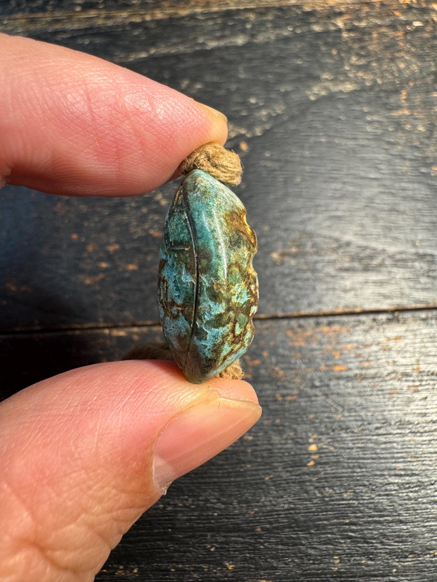 Carved Turtle Shell Pattern Stone Bead, Antique Style Green Patina Pendant, Ethnic Amulet Bead, Rustic Meditation Jewelry Supply