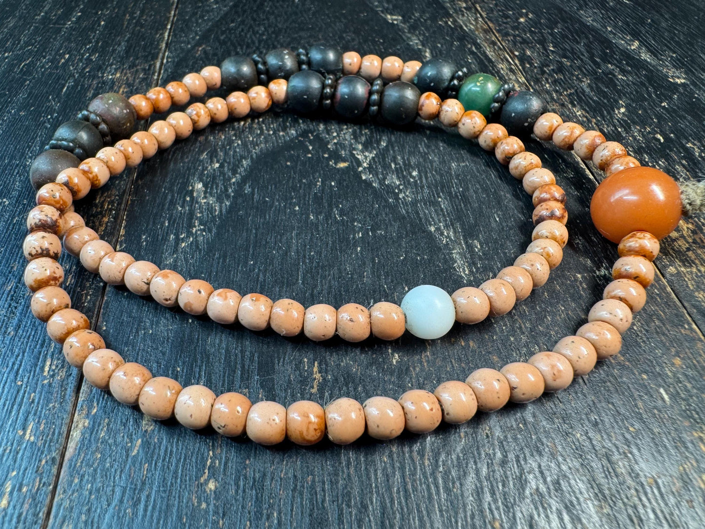 Vintage Tibetan Mala Beads Necklace, Old Monk Prayer Beads, Used Meditation Mala, Hand-Worn Patina, Ethnic Spiritual Necklace, 21 Inches
