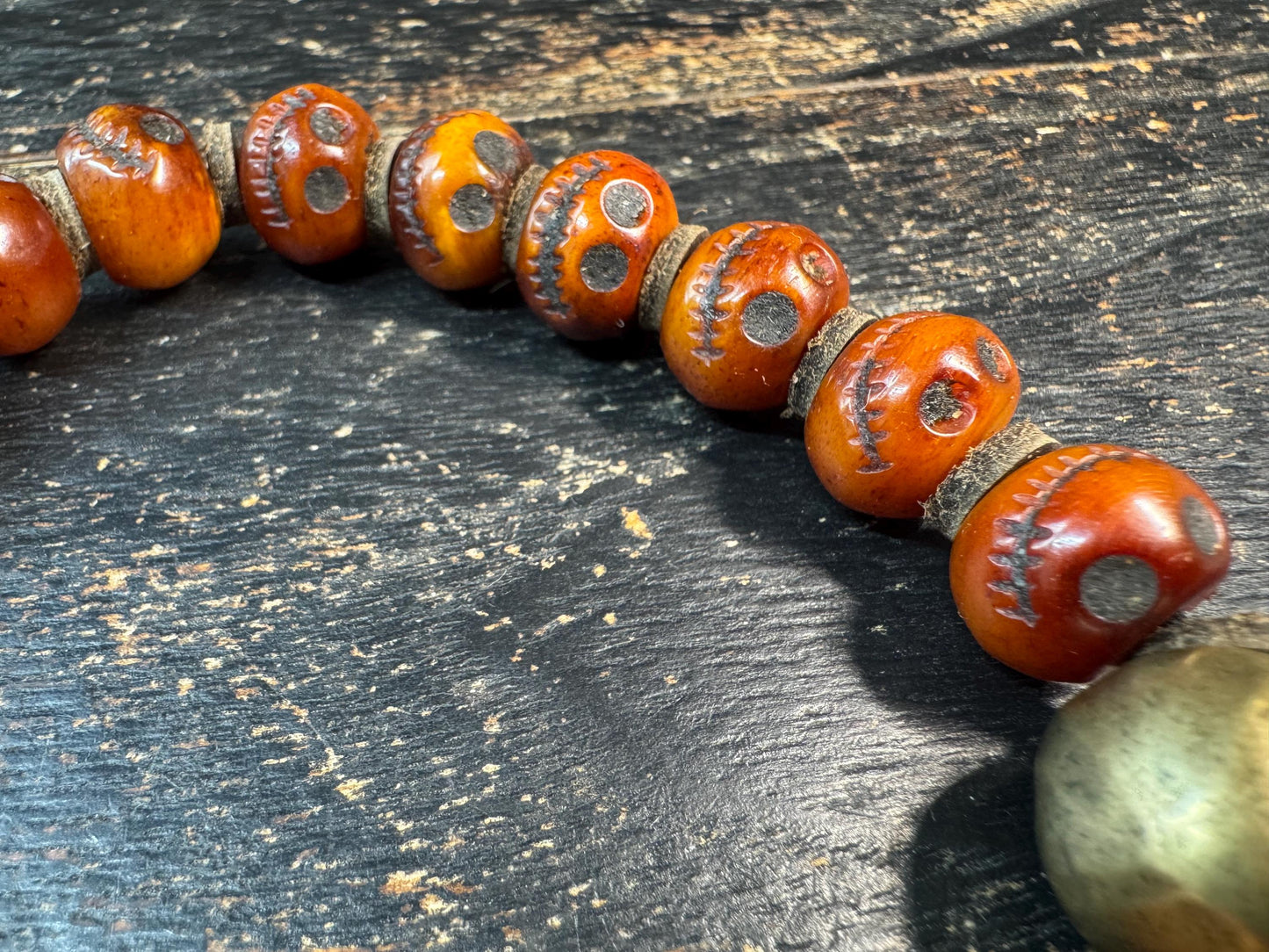Vintage Yak Bone Skull Bracelet, Charnel Ground Citipati Style Beads, Tibetan Spiritual Mala, Brass Guru Bead, Tribal Protection Amulet, 8-9