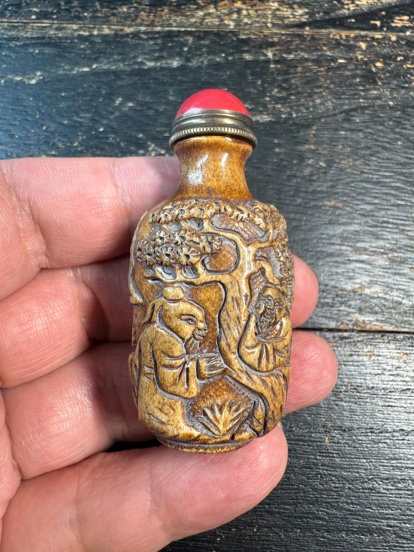 Hand Carved Deer Antler Snuff Bottle, Chinese Sage Scene Mini Bottle, Red Top Stopper, Folk Art Collector Decor