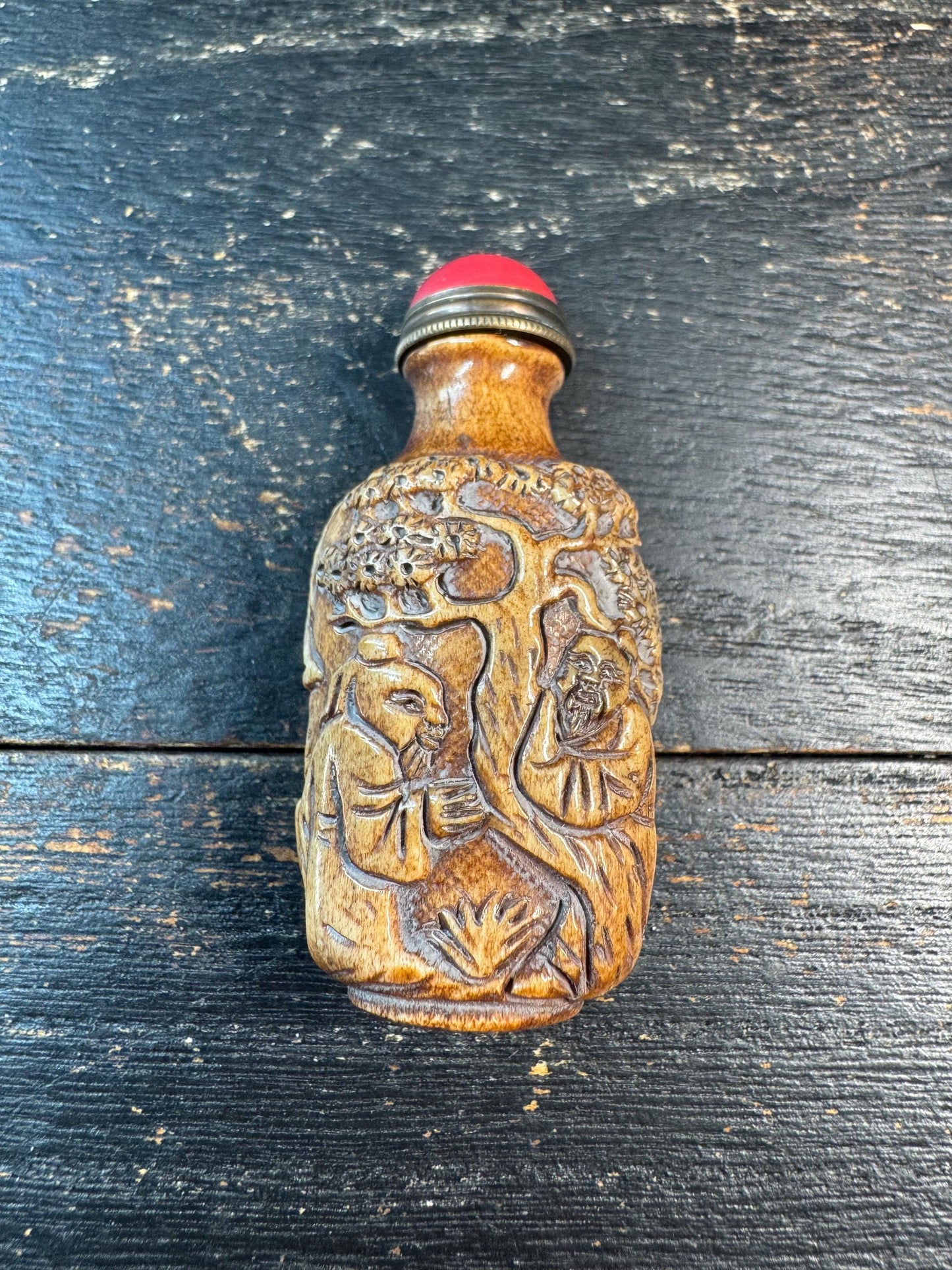 Hand Carved Deer Antler Snuff Bottle, Chinese Sage Scene Mini Bottle, Red Top Stopper, Folk Art Collector Decor