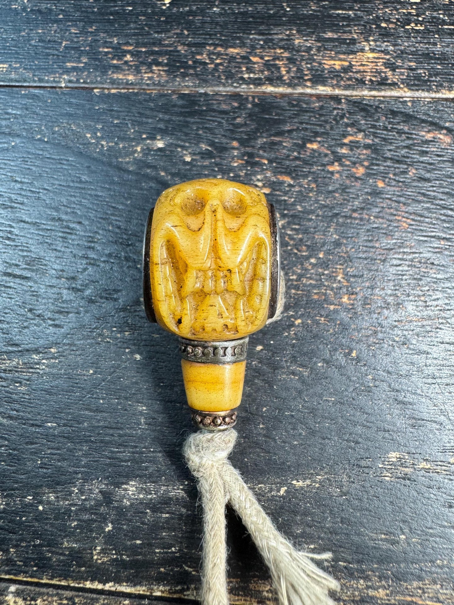 Tibetan Yak Bone Citipati Guru Bead | Hand-Carved Skull Mala Center Bead | Nepal Buddhist Bone Carving | Rare Himalayan Prayer Bead