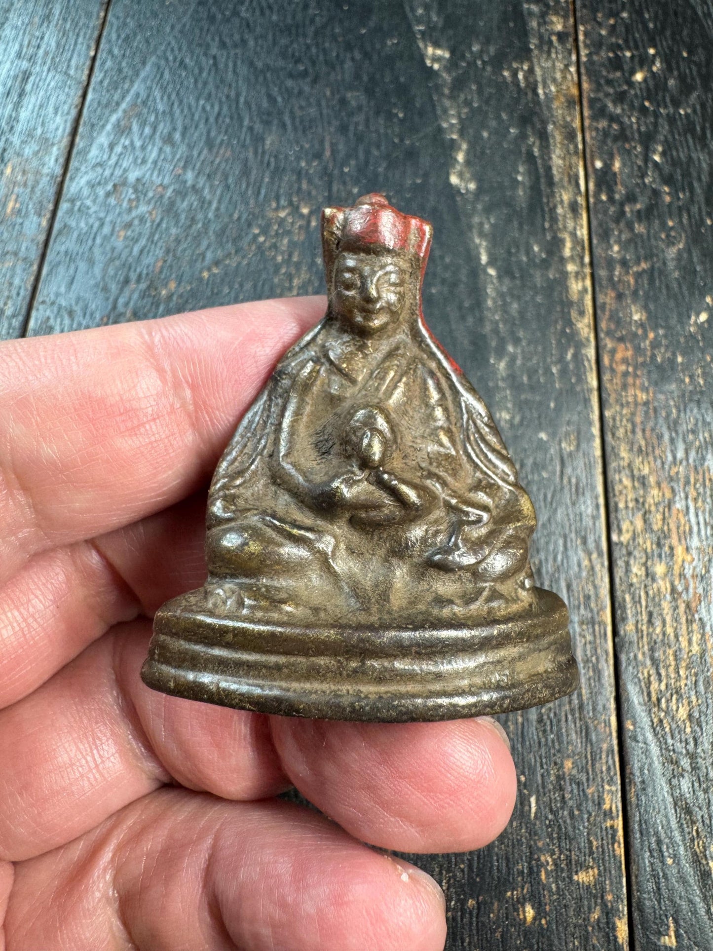 Vintage Tibetan Bronze Lama Statue – Tsongkhapa Style Guru Figurine – Small Buddhist Altar Sculpture with Red Pigment