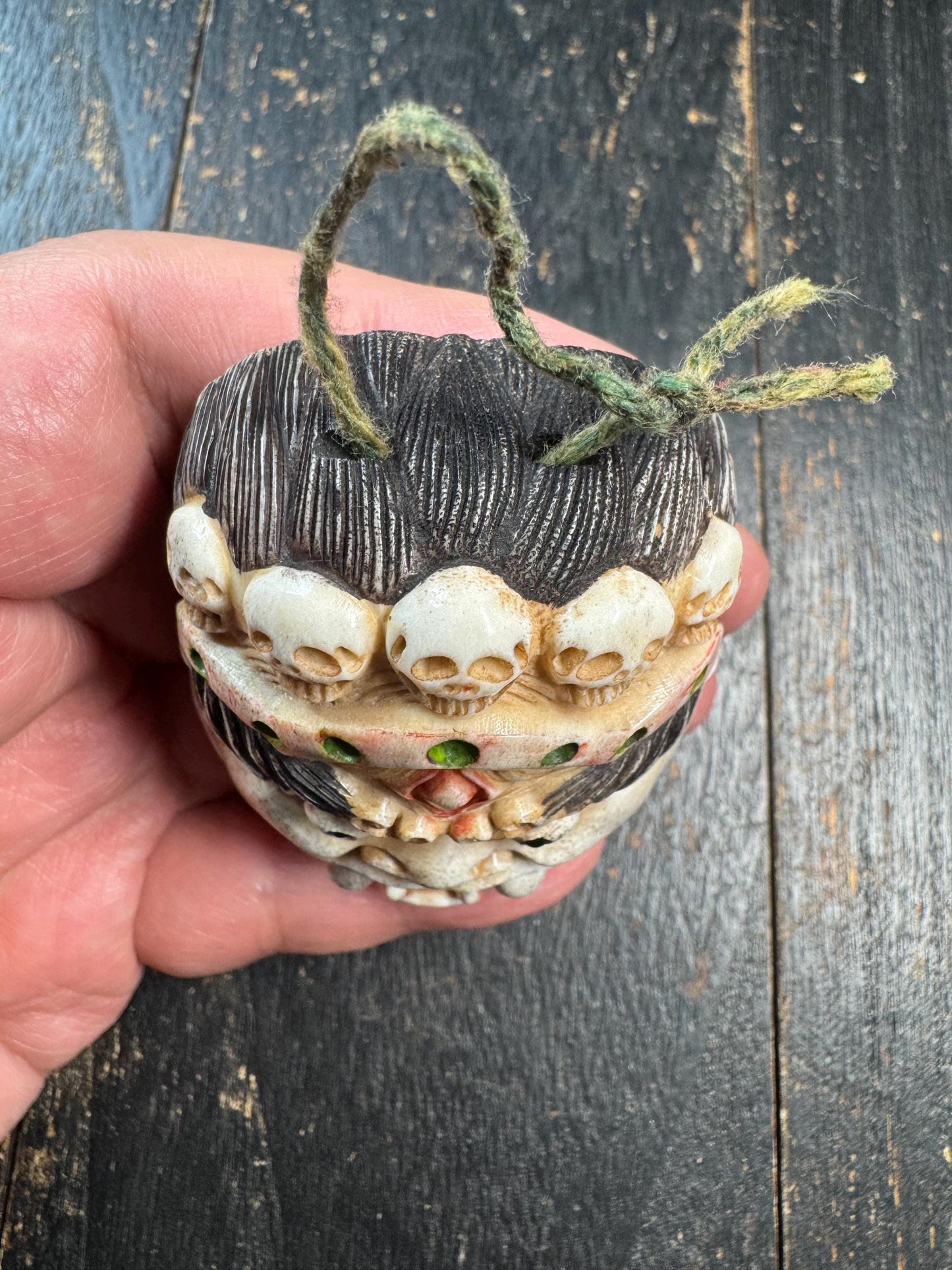Antique Style Deer Antler Carved Vajra Protector Mask Pendant – Hand Carved Guangcai Polychrome, Wrathful Guardian Amulet