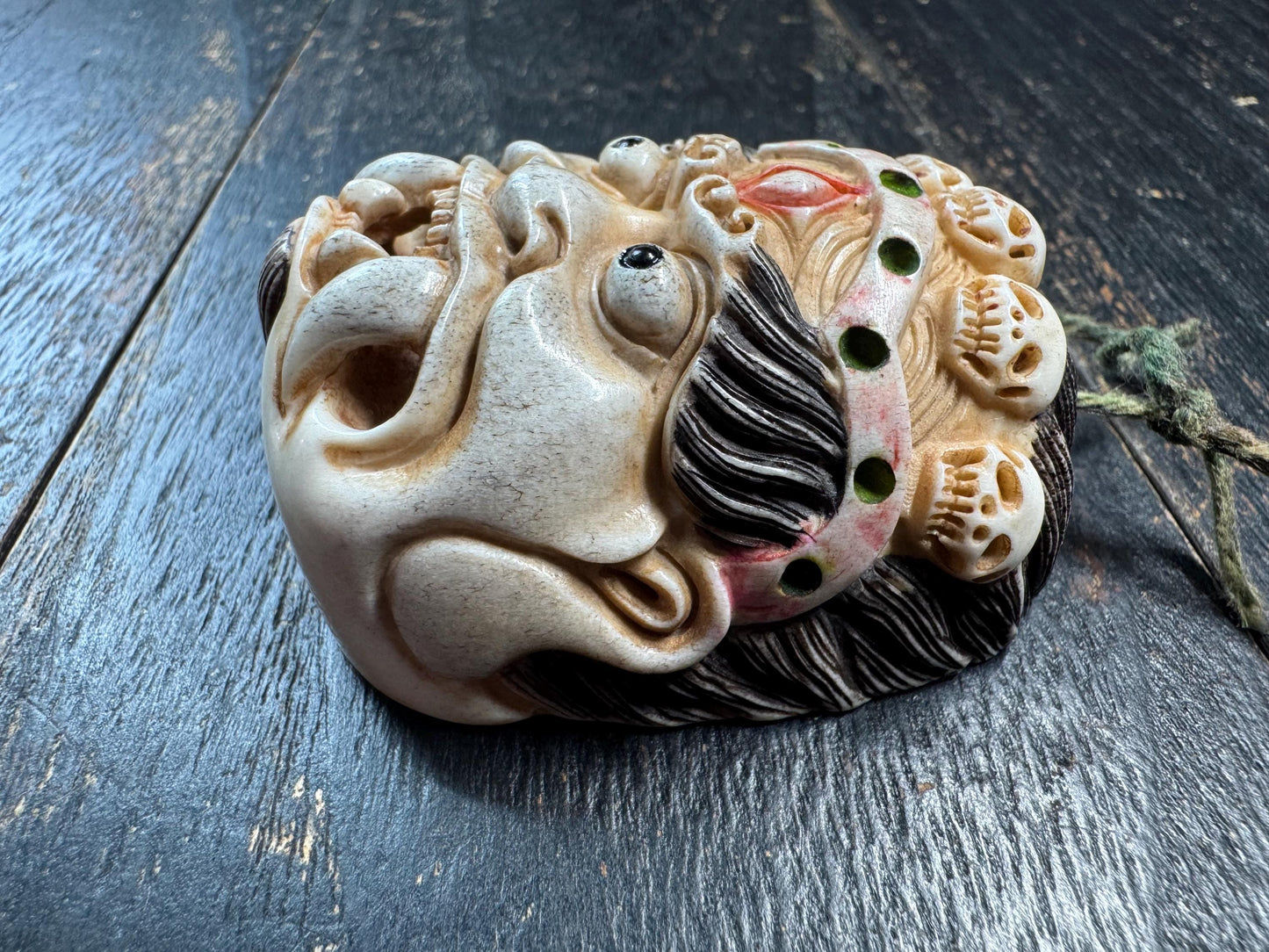 Antique Style Deer Antler Carved Vajra Protector Mask Pendant – Hand Carved Guangcai Polychrome, Wrathful Guardian Amulet