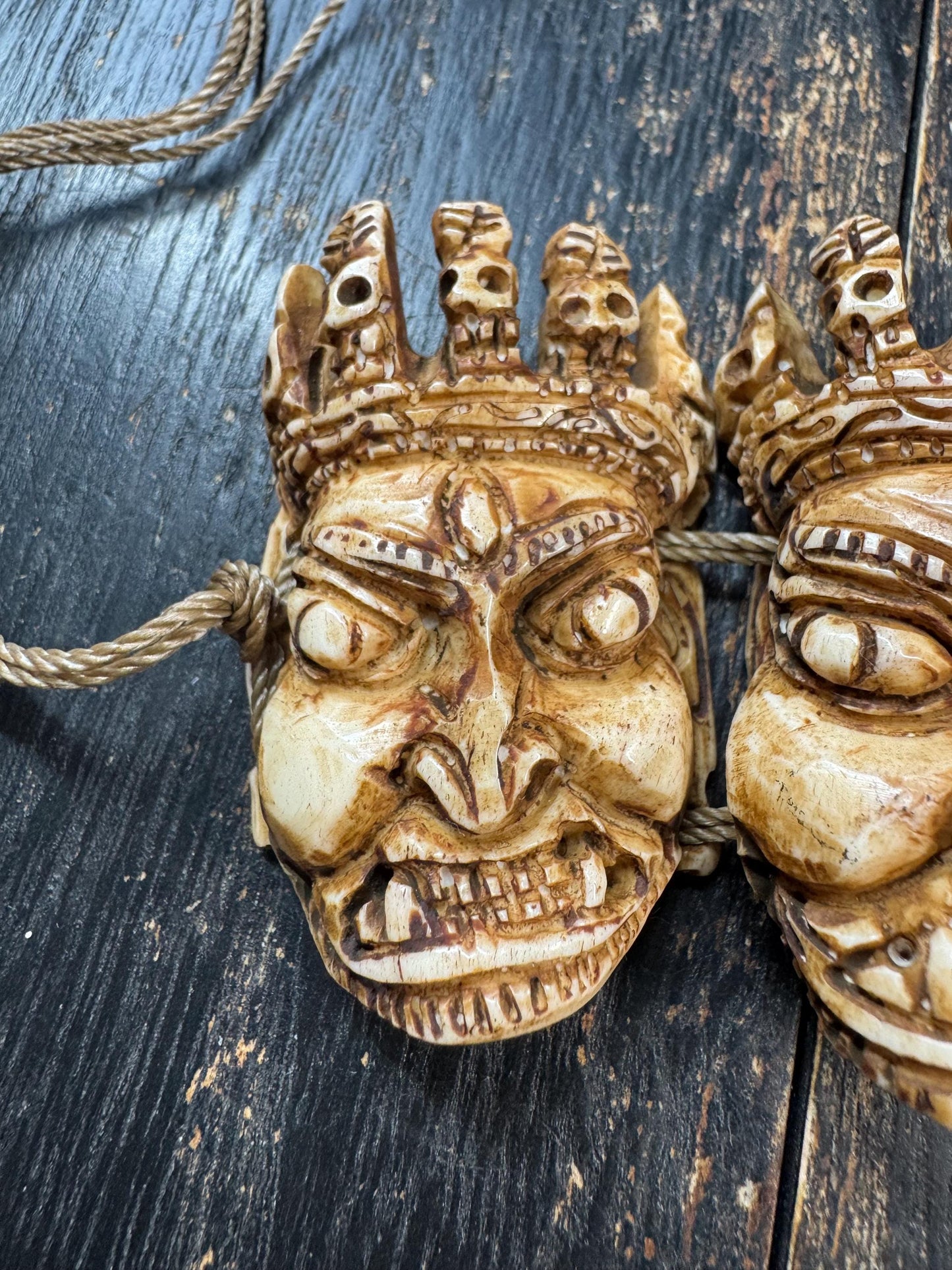 Yak Bone Citipati  Mahakala Mask Necklace – Hand Carved Skull Lords & Wrathful Protector – Tibetan Buddhist Style Ritual Pendant – Gothic