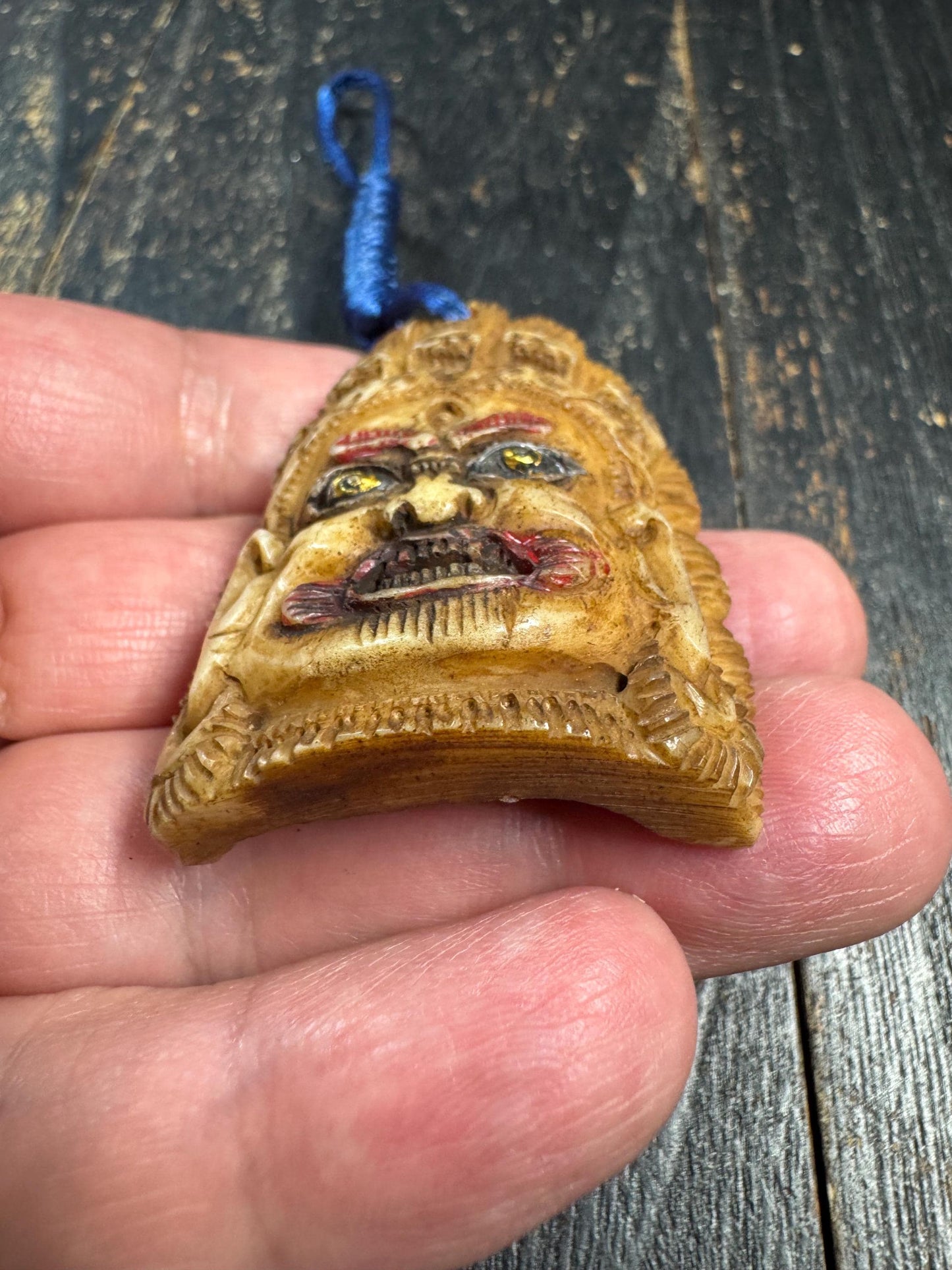 Old Tibetan Mahakala Pendant Yak Bone Carving Wrathful Protector Amulet Hand Painted Guardian Talisman
