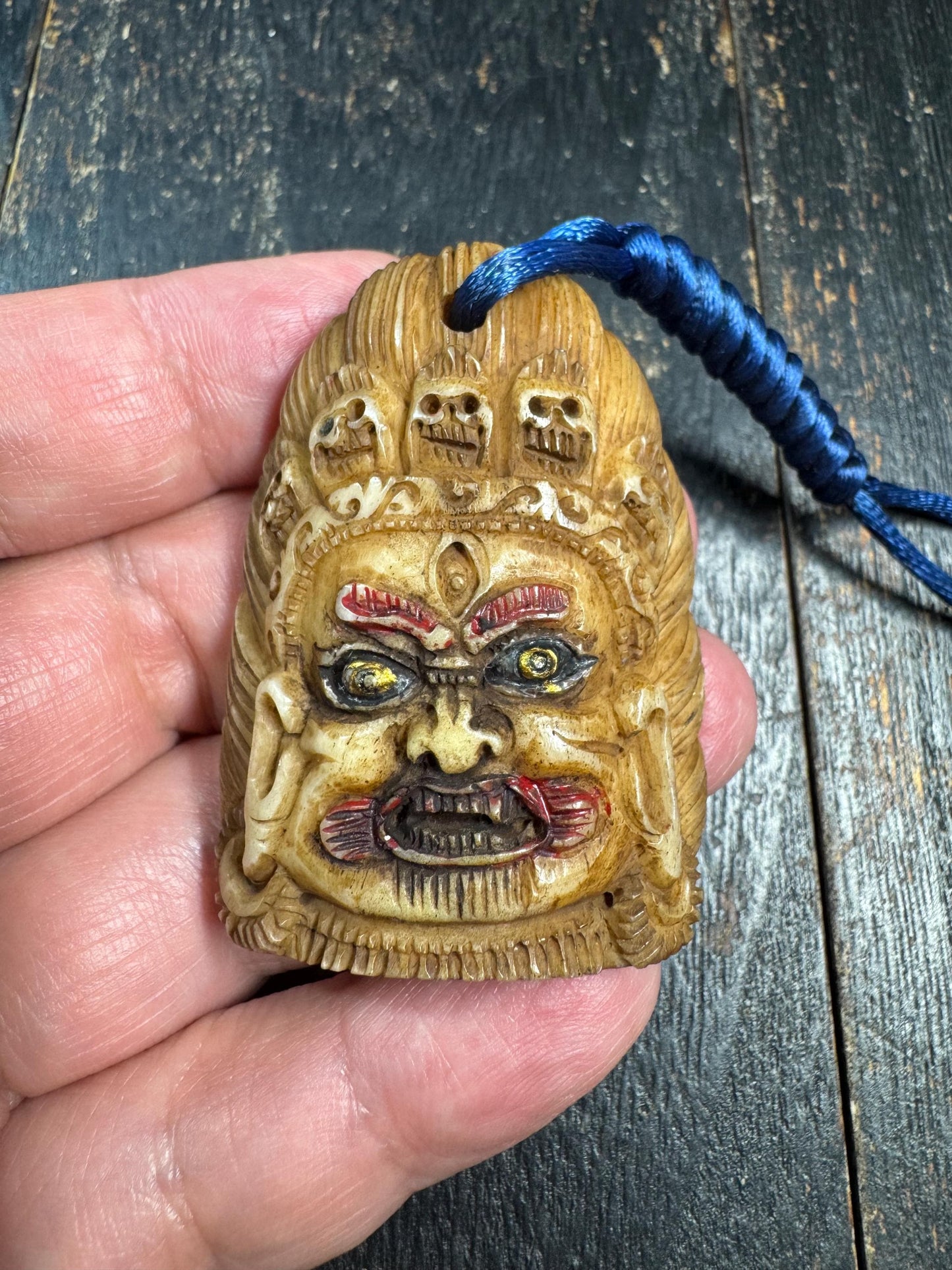 Old Tibetan Mahakala Pendant Yak Bone Carving Wrathful Protector Amulet Hand Painted Guardian Talisman