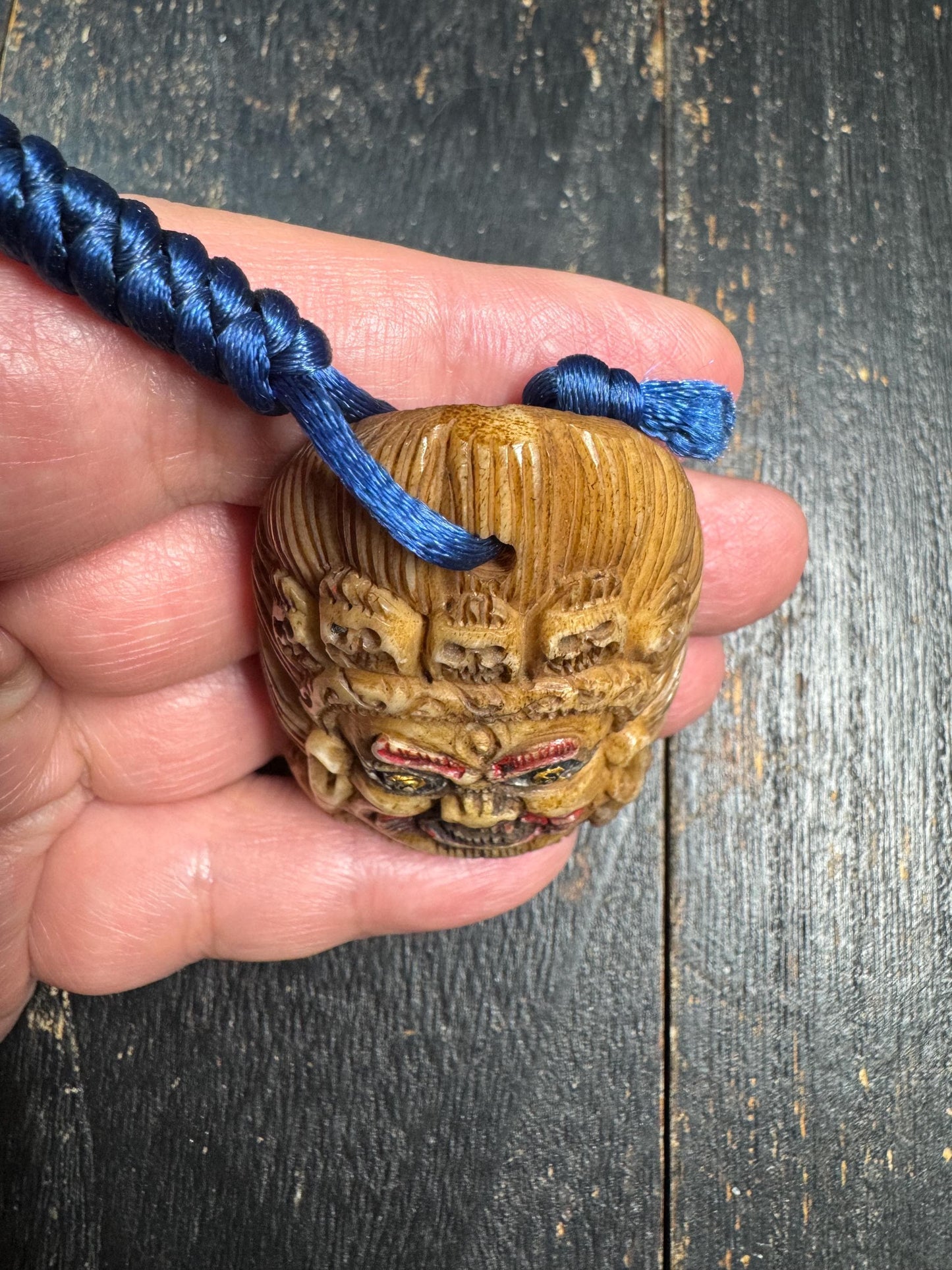 Old Tibetan Mahakala Pendant Yak Bone Carving Wrathful Protector Amulet Hand Painted Guardian Talisman