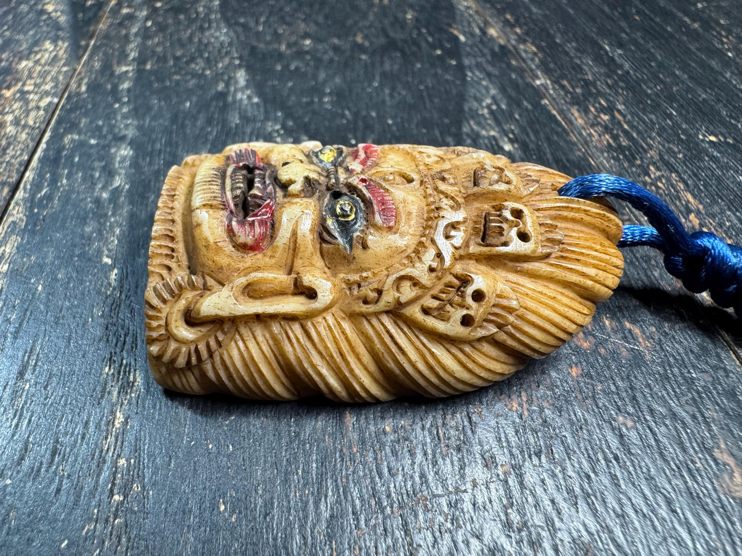 Old Tibetan Mahakala Pendant Yak Bone Carving Wrathful Protector Amulet Hand Painted Guardian Talisman