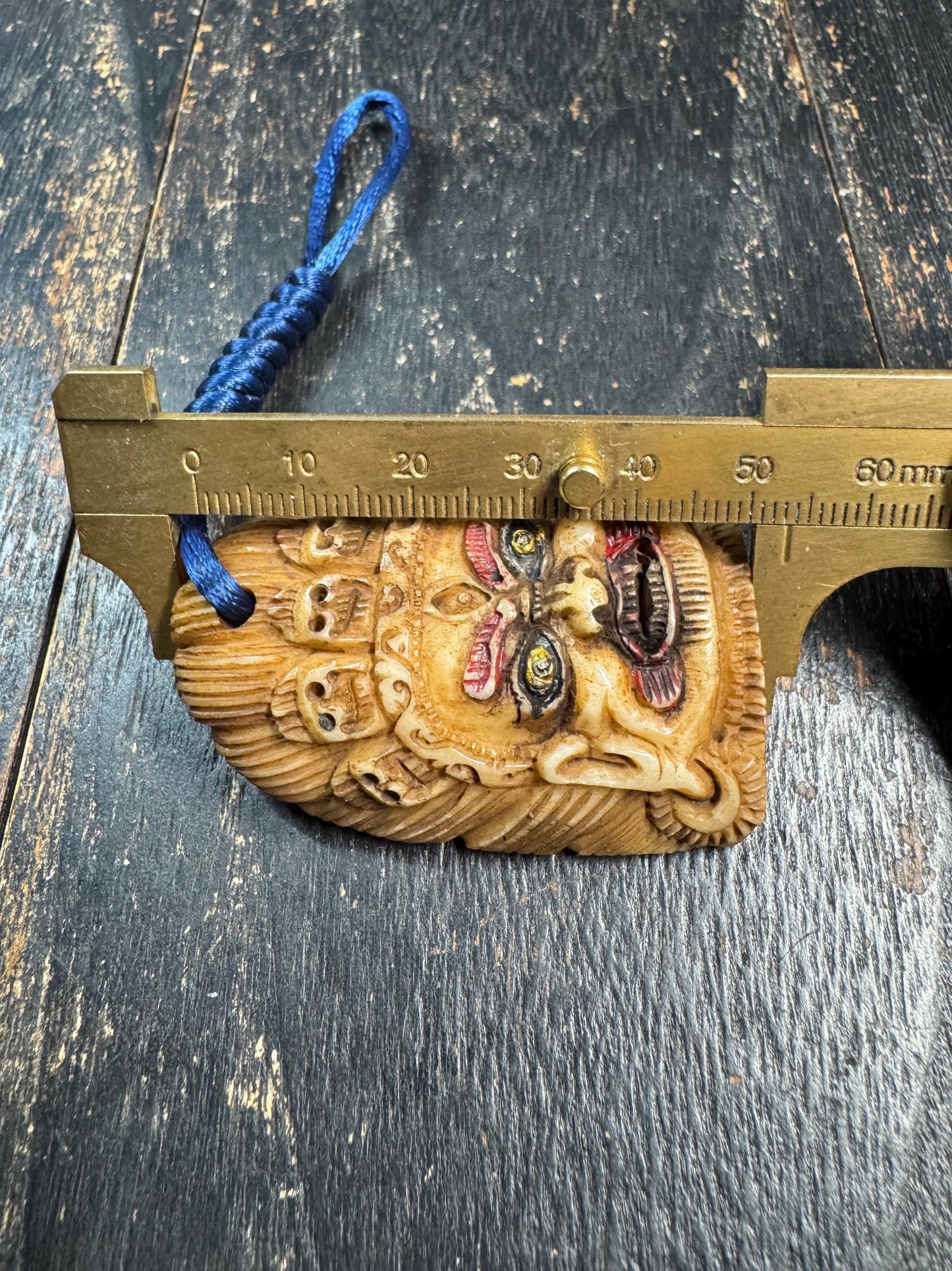 Old Tibetan Mahakala Pendant Yak Bone Carving Wrathful Protector Amulet Hand Painted Guardian Talisman