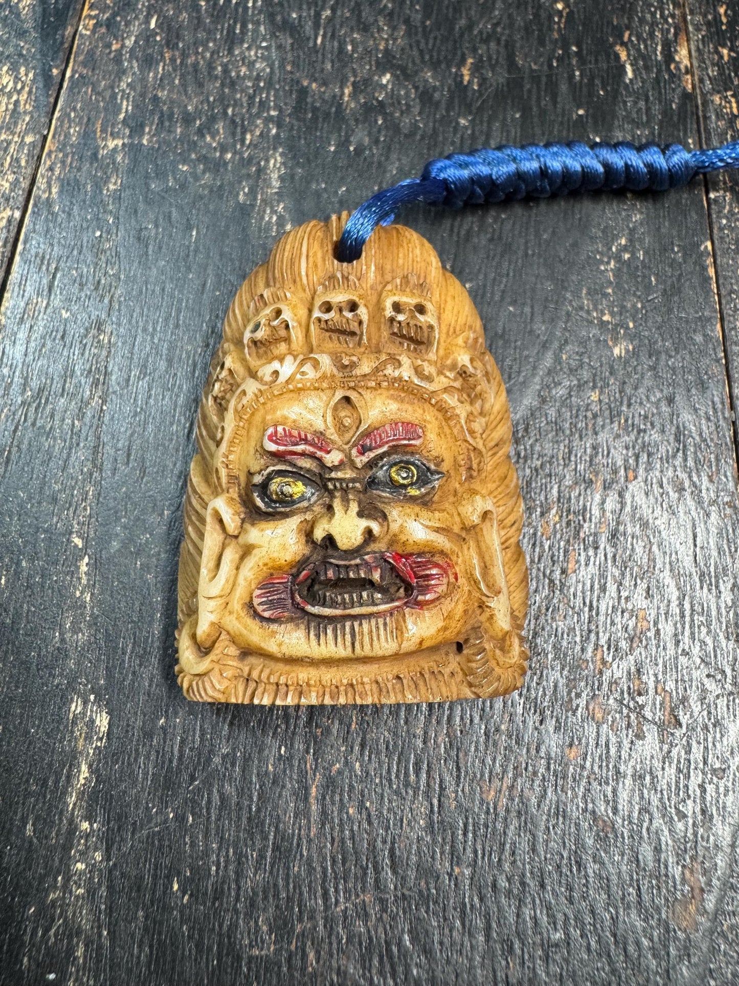 Old Tibetan Mahakala Pendant Yak Bone Carving Wrathful Protector Amulet Hand Painted Guardian Talisman