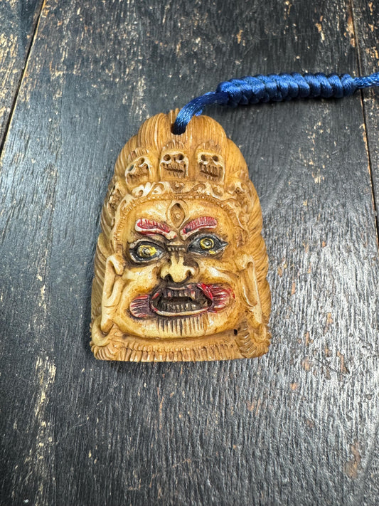 Old Tibetan Mahakala Pendant Yak Bone Carving Wrathful Protector Amulet Hand Painted Guardian Talisman