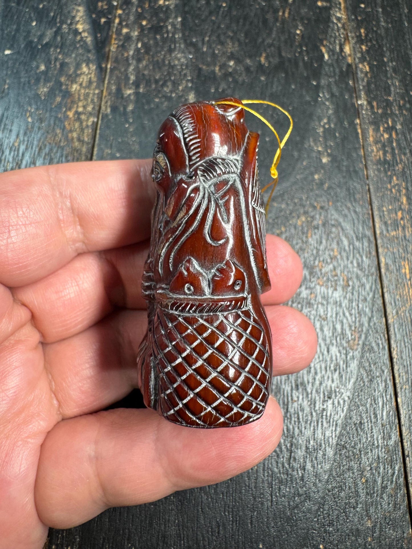 Chinese Old Fisherman Statue Pendant Amulet Yak Horn Hand Carved Longevity Symbol Folk Art Gift Collection