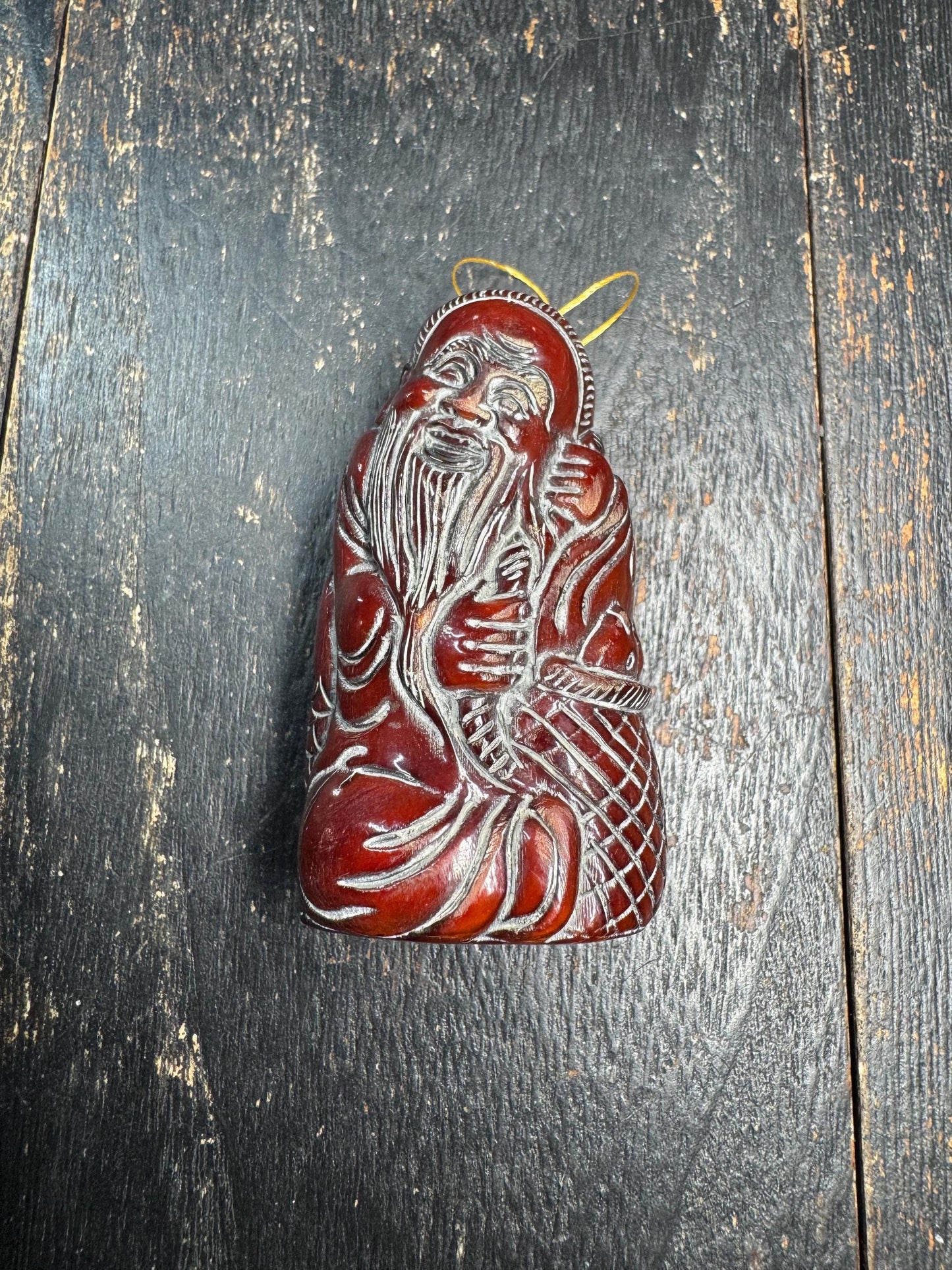 Chinese Old Fisherman Statue Pendant Amulet Yak Horn Hand Carved Longevity Symbol Folk Art Gift Collection