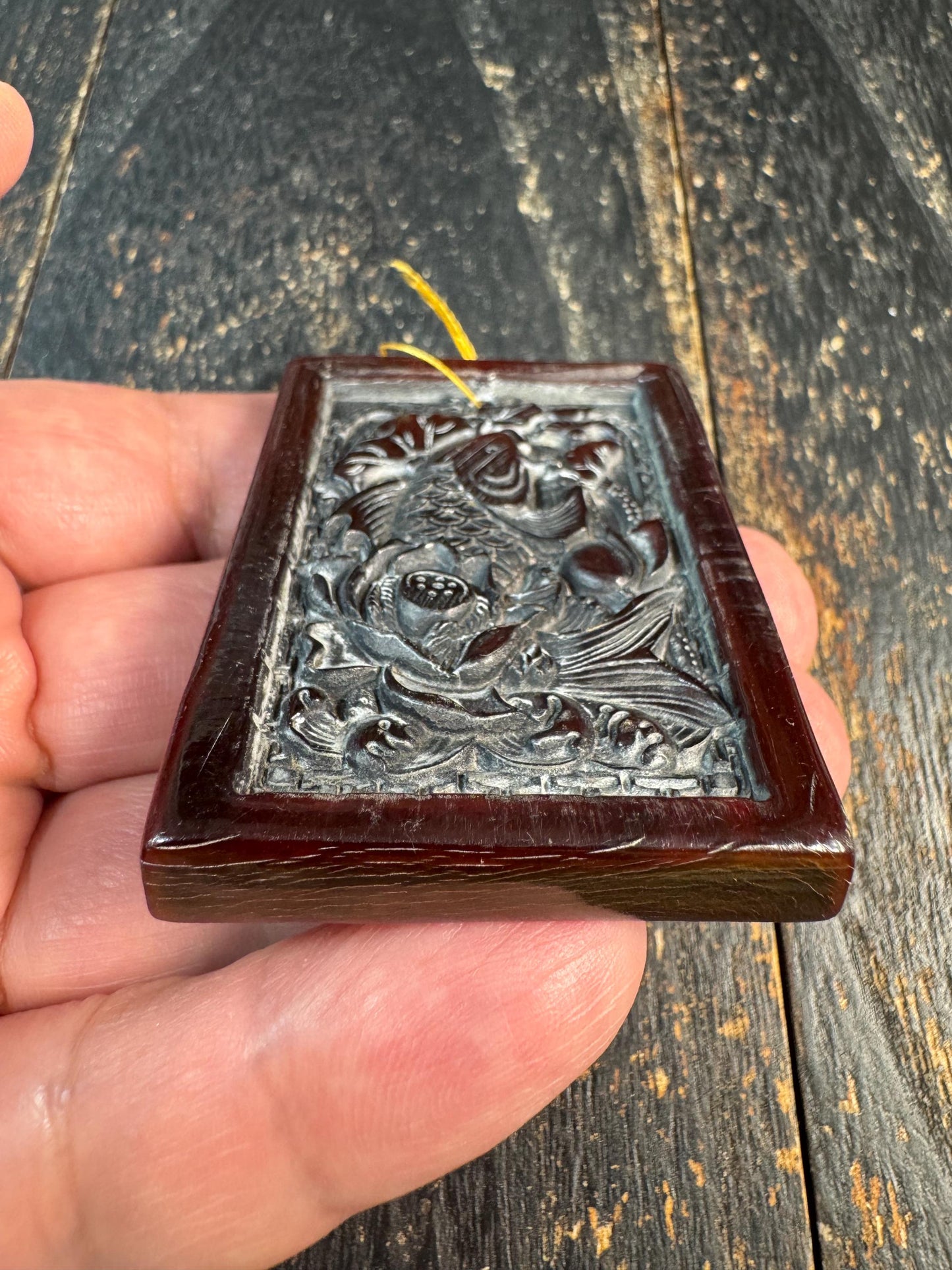 Hand Carved Yak Horn Pendant, Koi Fish and Lotus Relief, Tibetan Style Amulet, Himalayan Bone Carving, Spiritual Prosperity Charm