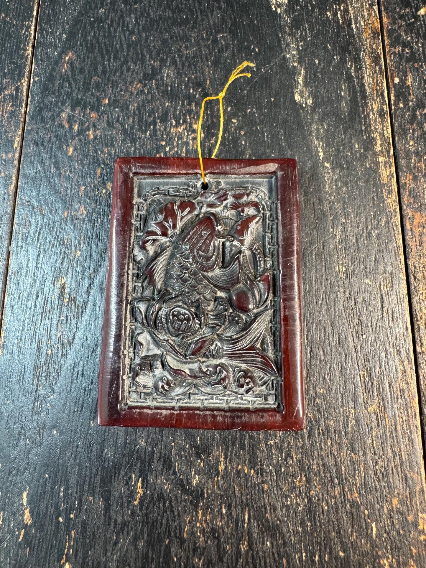 Hand Carved Yak Horn Pendant, Koi Fish and Lotus Relief, Tibetan Style Amulet, Himalayan Bone Carving, Spiritual Prosperity Charm