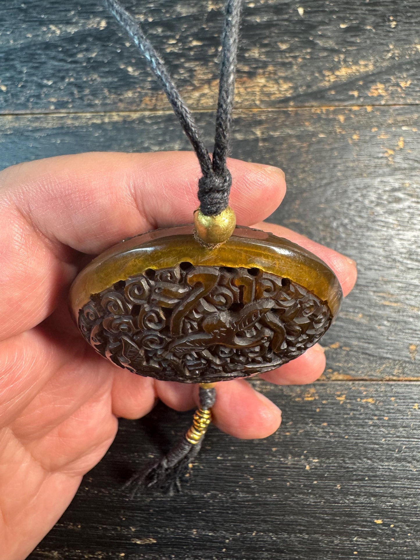 Hand Carved Yak Horn Amulet Pendant, Openwork Double Bird Design, Tibetan Style Incense Holder (Ghau), Tribal Spiritual Talisman Necklace