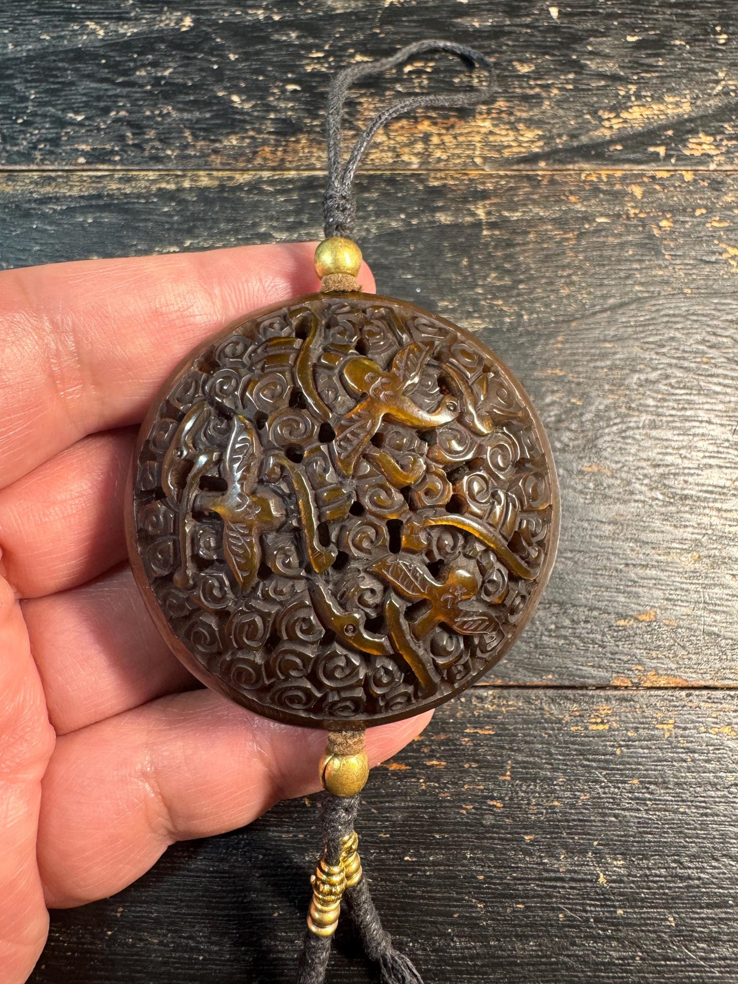 Hand Carved Yak Horn Amulet Pendant, Openwork Double Bird Design, Tibetan Style Incense Holder (Ghau), Tribal Spiritual Talisman Necklace