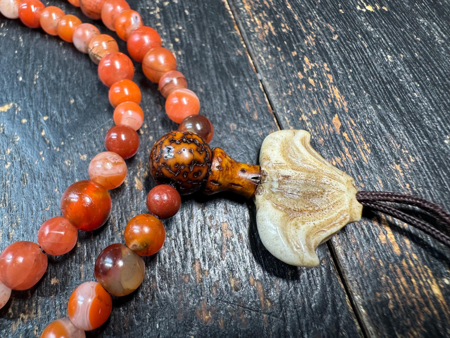 Mini Nanhong Agate 108 Mala Necklace | Fine Small Bead Red Agate Mala | Bodhi Guru Bead | Deer Antler Bat Pendant | Meditation Jewelry