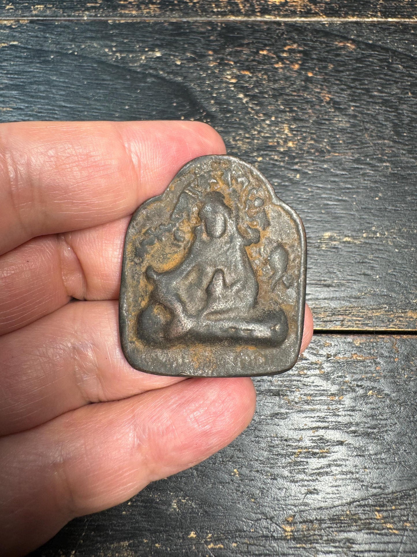 Vintage Tibetan Bronze Guru Rinpoche Amulet Pendant – Padmasambhava Buddhist Protection Talisman – Old Himalayan Buddha Plaque