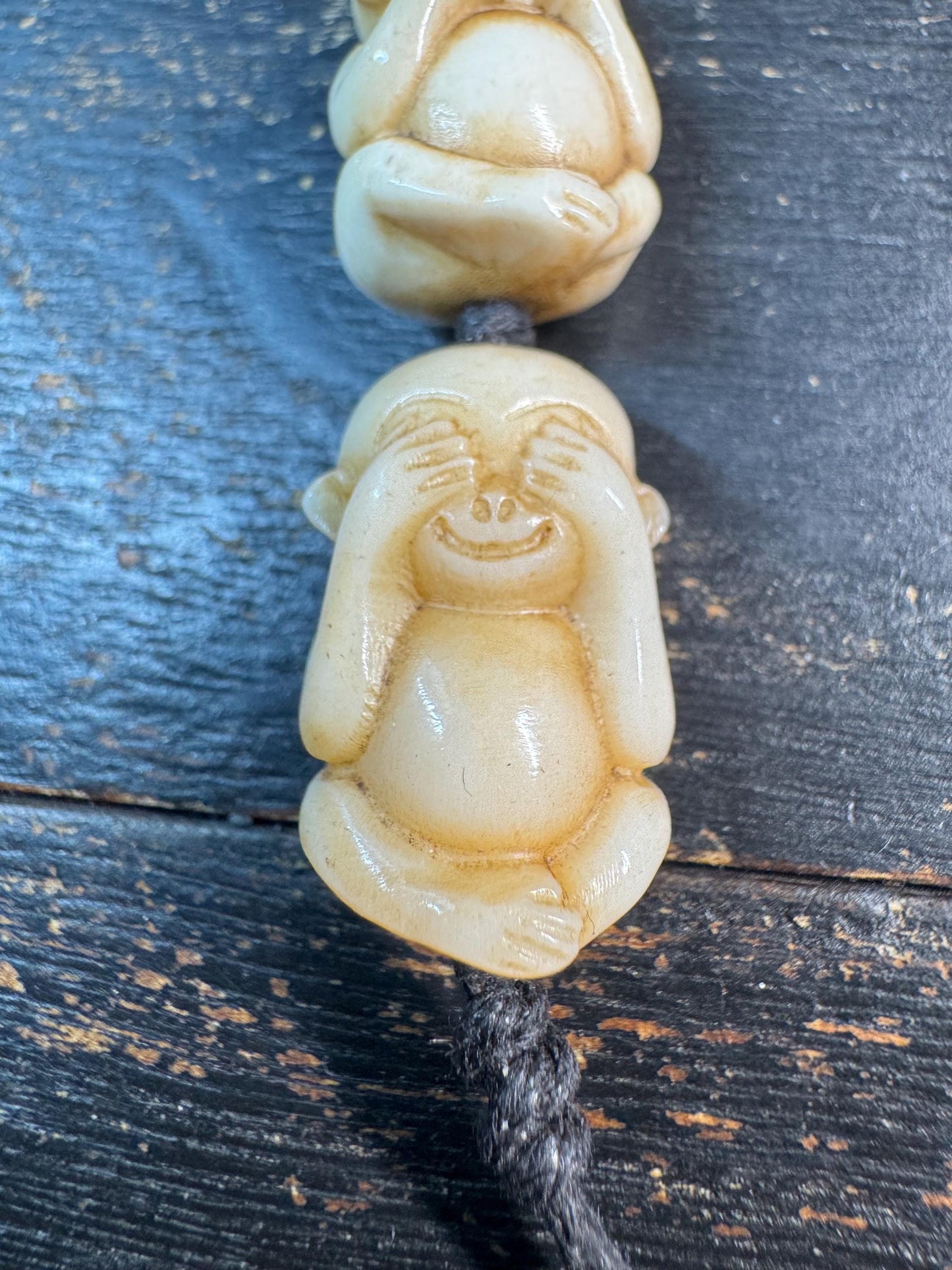 Hand Carved Deer Antler Three Wise Monkeys Bead – See Hear Speak No Evil Amulet – Mala Counter / Spiritual Pendant