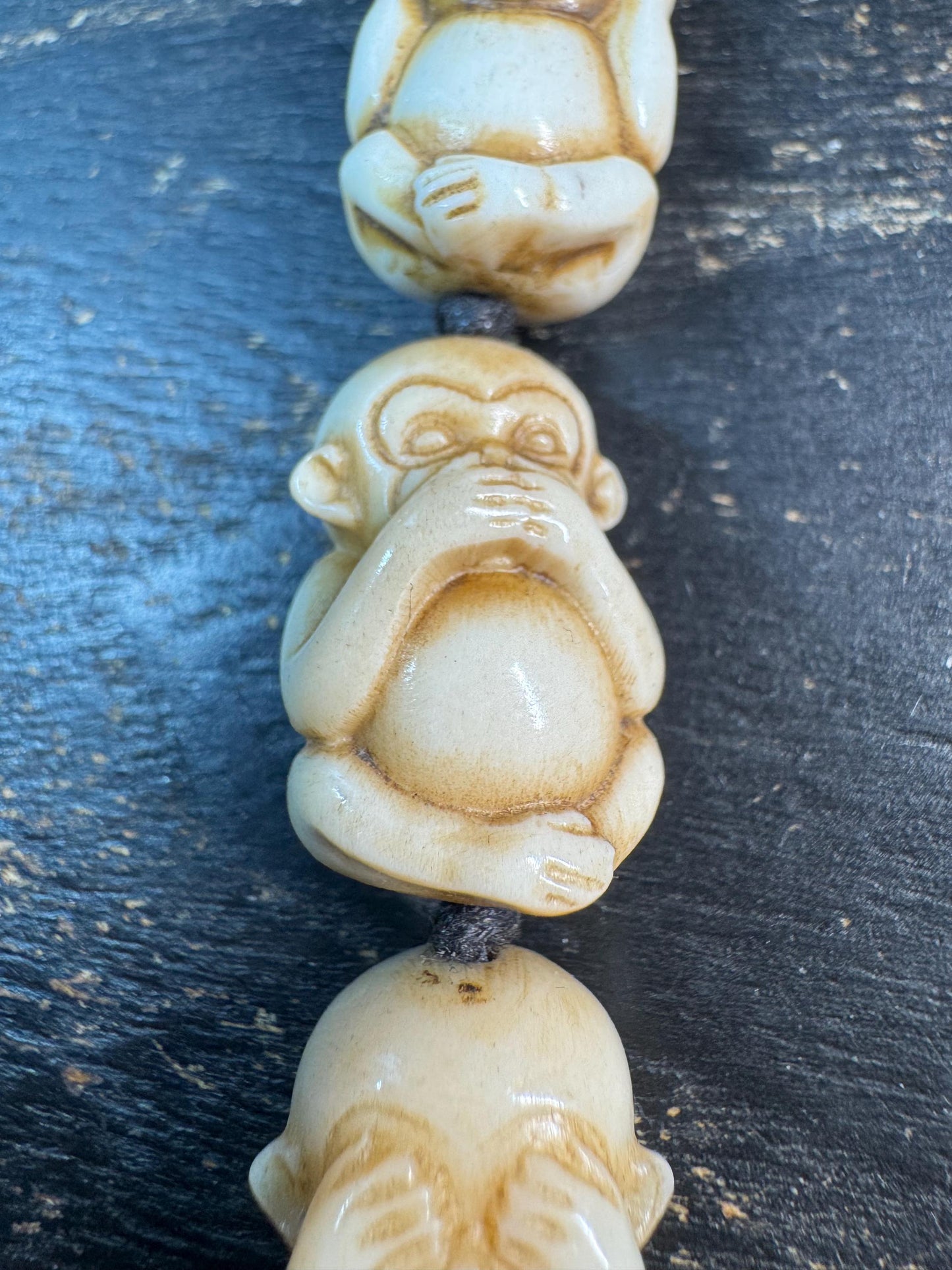 Hand Carved Deer Antler Three Wise Monkeys Bead – See Hear Speak No Evil Amulet – Mala Counter / Spiritual Pendant