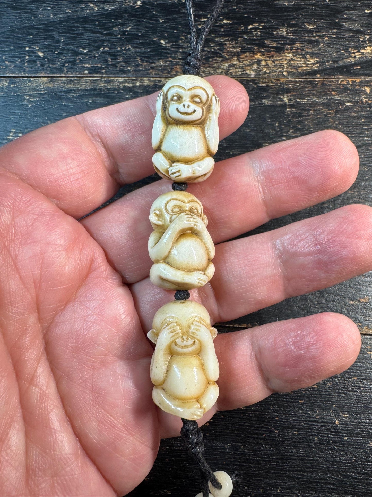 Hand Carved Deer Antler Three Wise Monkeys Bead – See Hear Speak No Evil Amulet – Mala Counter / Spiritual Pendant