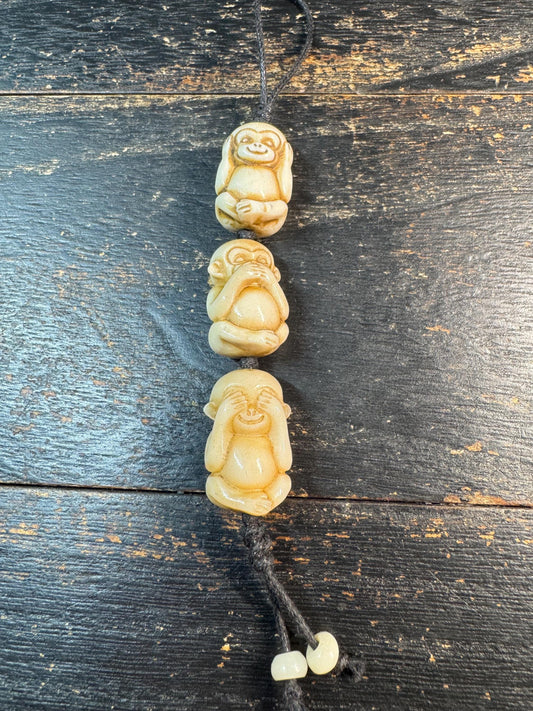 Hand Carved Deer Antler Three Wise Monkeys Bead – See Hear Speak No Evil Amulet – Mala Counter / Spiritual Pendant