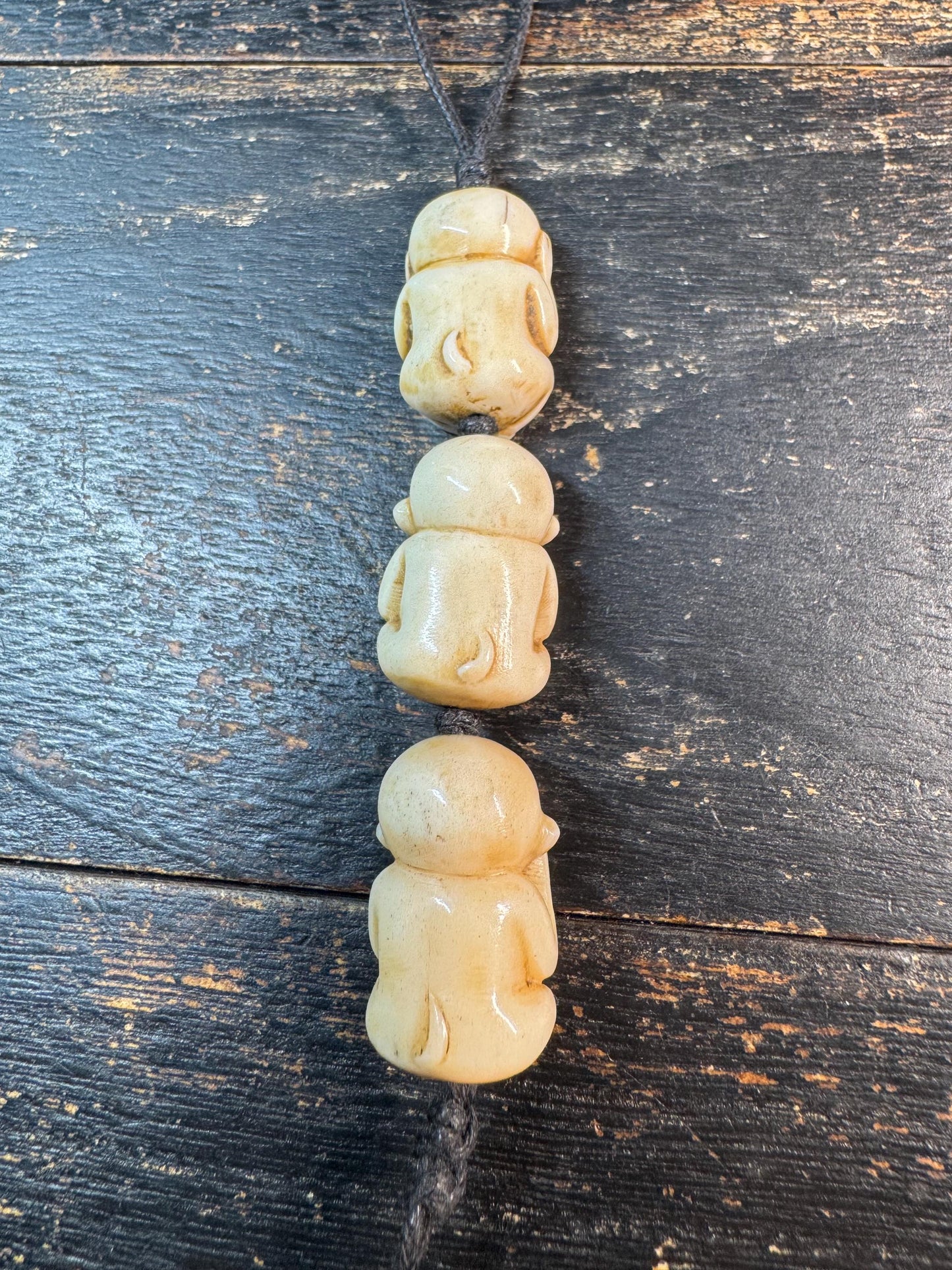 Hand Carved Deer Antler Three Wise Monkeys Bead – See Hear Speak No Evil Amulet – Mala Counter / Spiritual Pendant
