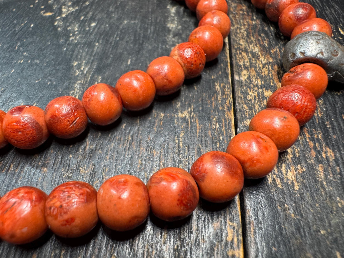 Vintage Tibetan Red Wood Mala 100 Beads 8mm | 28” Necklace w/ Thokcha Iron Guru Bead & Pendant | Old Himalayan Prayer Beads