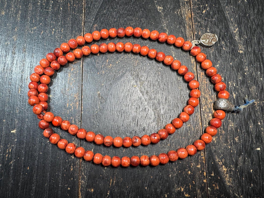 Vintage Tibetan Red Wood Mala 100 Beads 8mm | 28” Necklace w/ Thokcha Iron Guru Bead & Pendant | Old Himalayan Prayer Beads