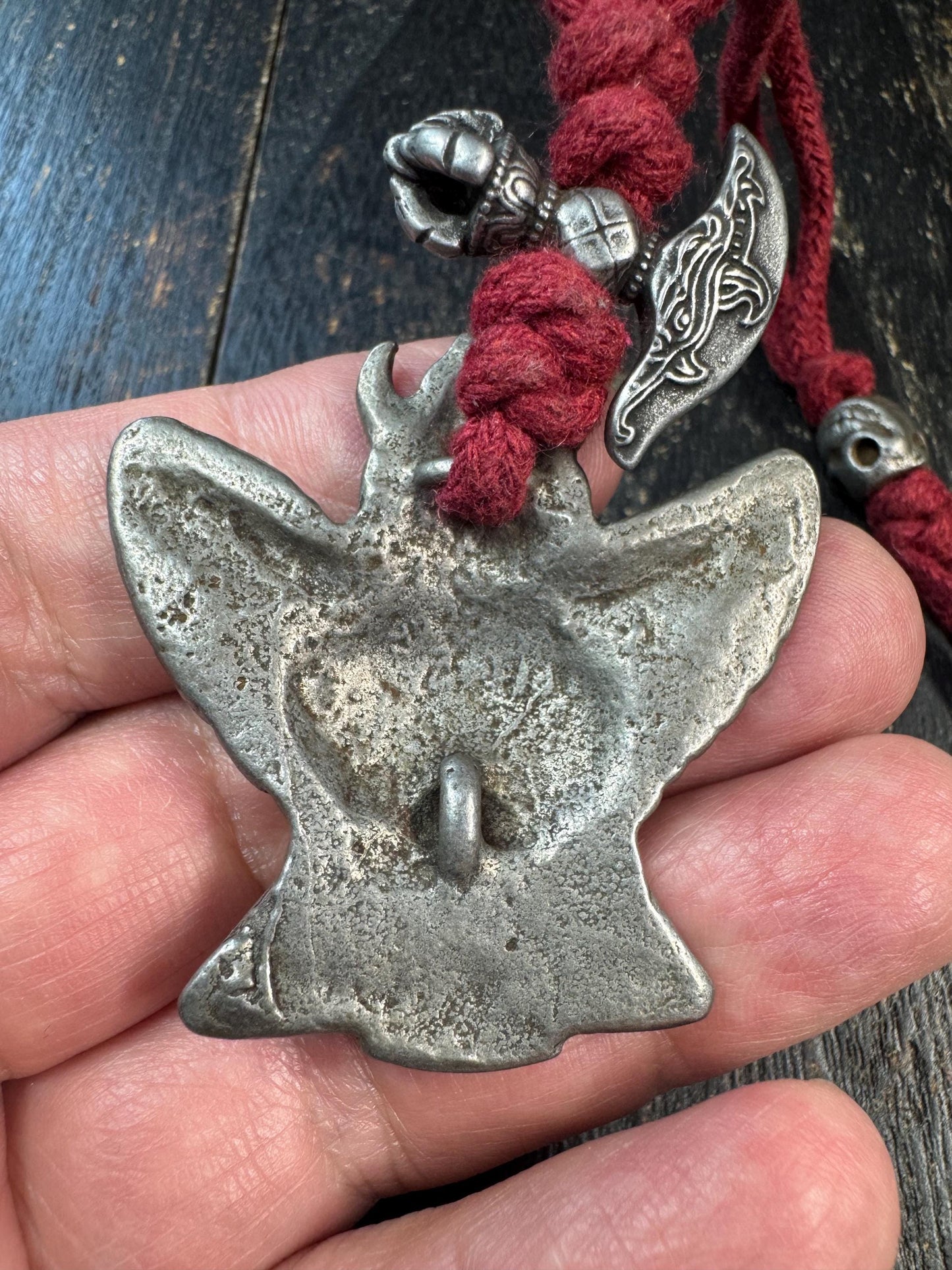 Vintage Cold Iron Garuda Pendant Necklace, Charnel Ground Style Amulet, Tibetan Inspired Thokcha Pendant, Citipati Bead & Ritual Axe Charm